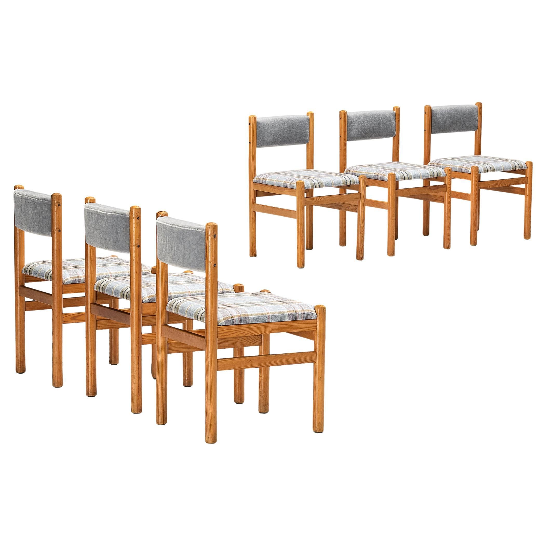 Set of Six Dining Chairs in Pine Wool and Mohair 