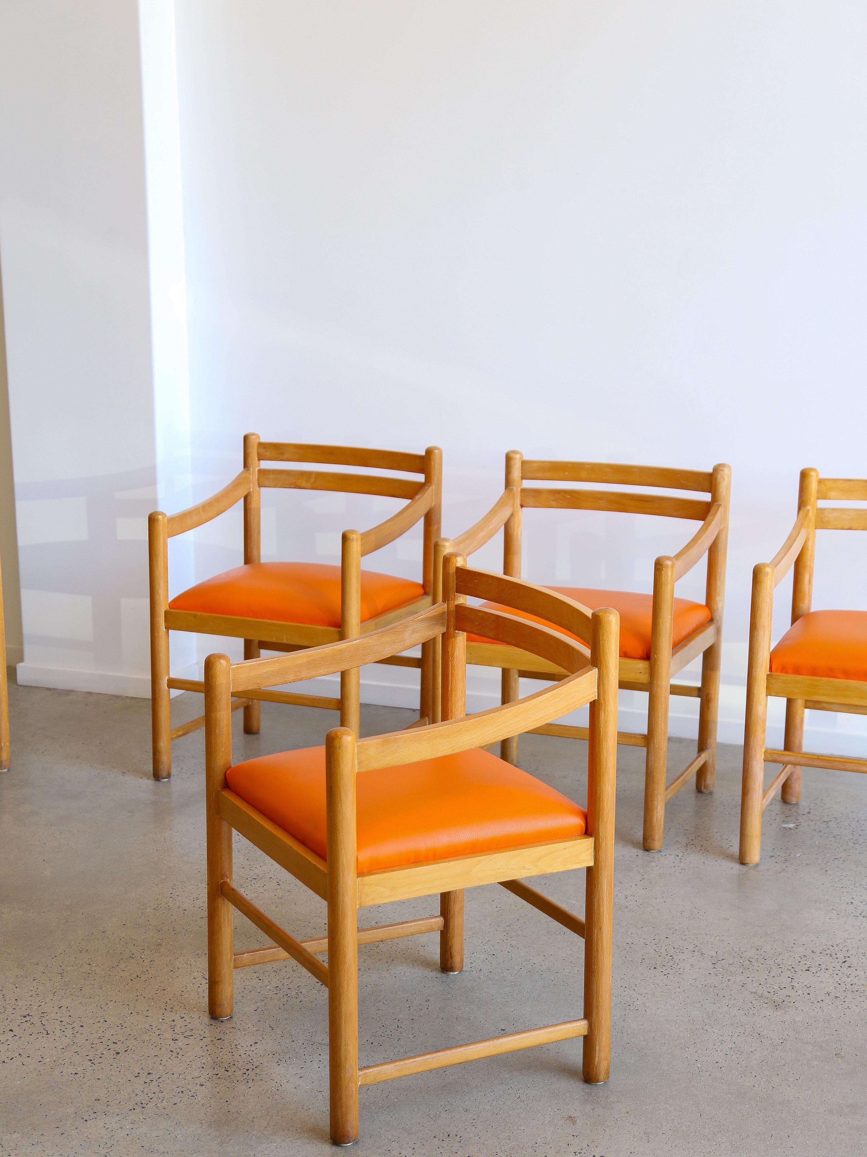Italian Set of Six Dining Chairs in Rosewood & Orange Leather Cushions For Sale