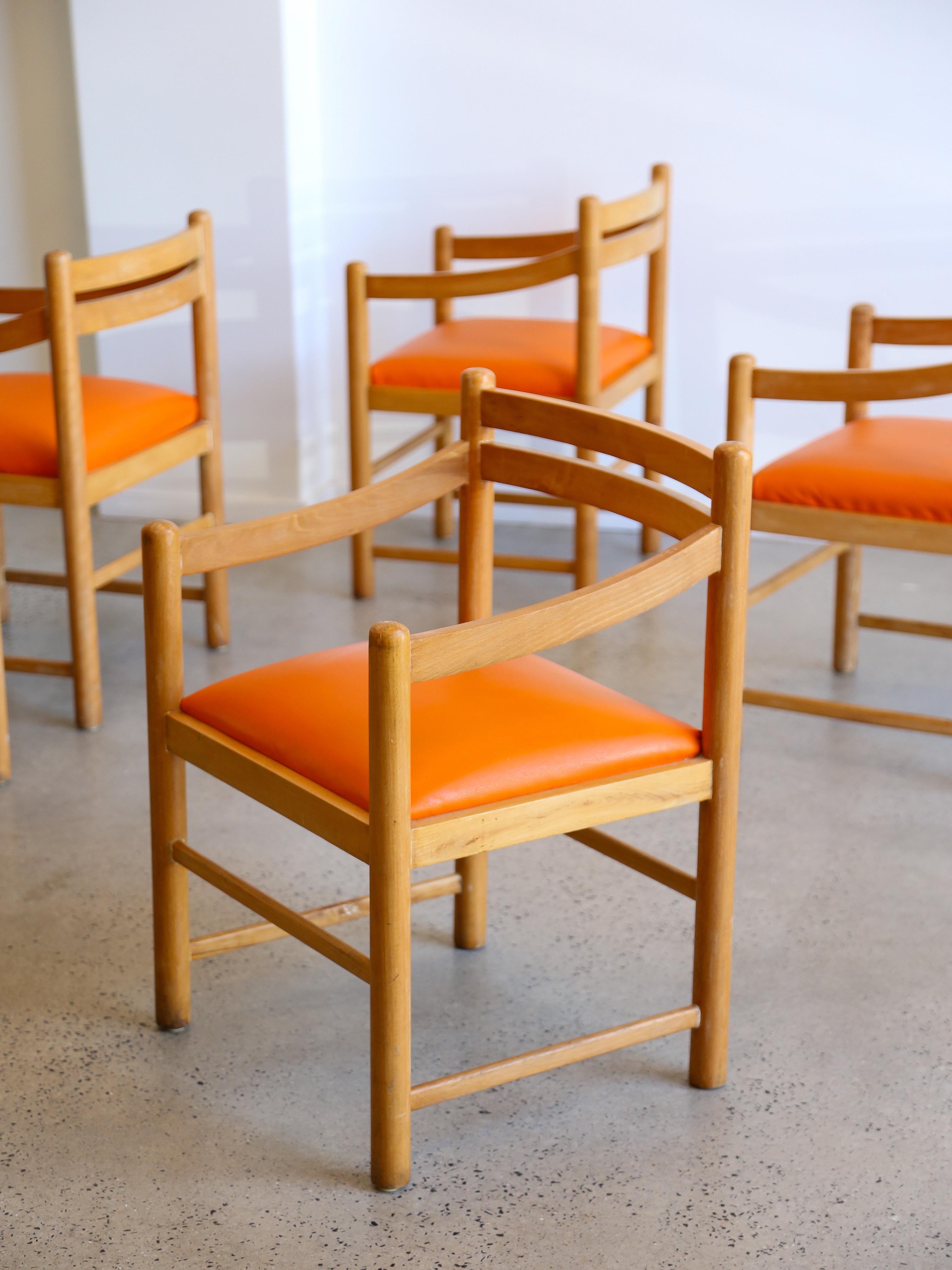 Late 20th Century Set of Six Dining Chairs in Rosewood & Orange Leather Cushions For Sale
