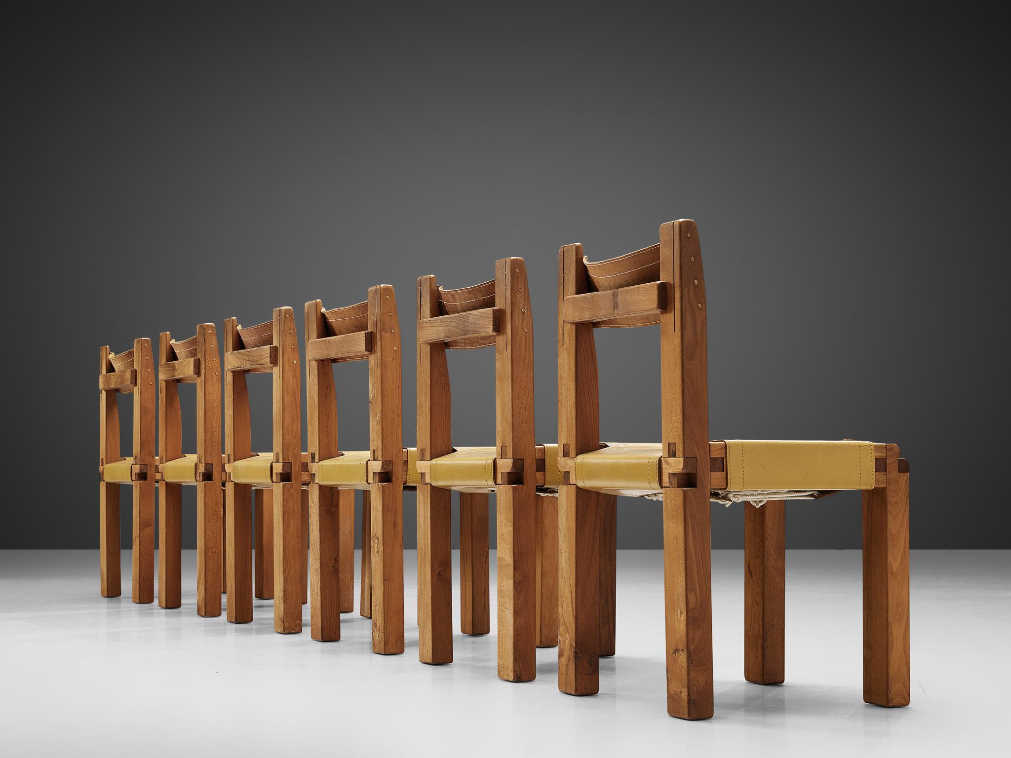 Mid-Century Modern Set of Six Pierre Chapo 'S11'  Dining Chairs in Solid Elm and Yellow Leather