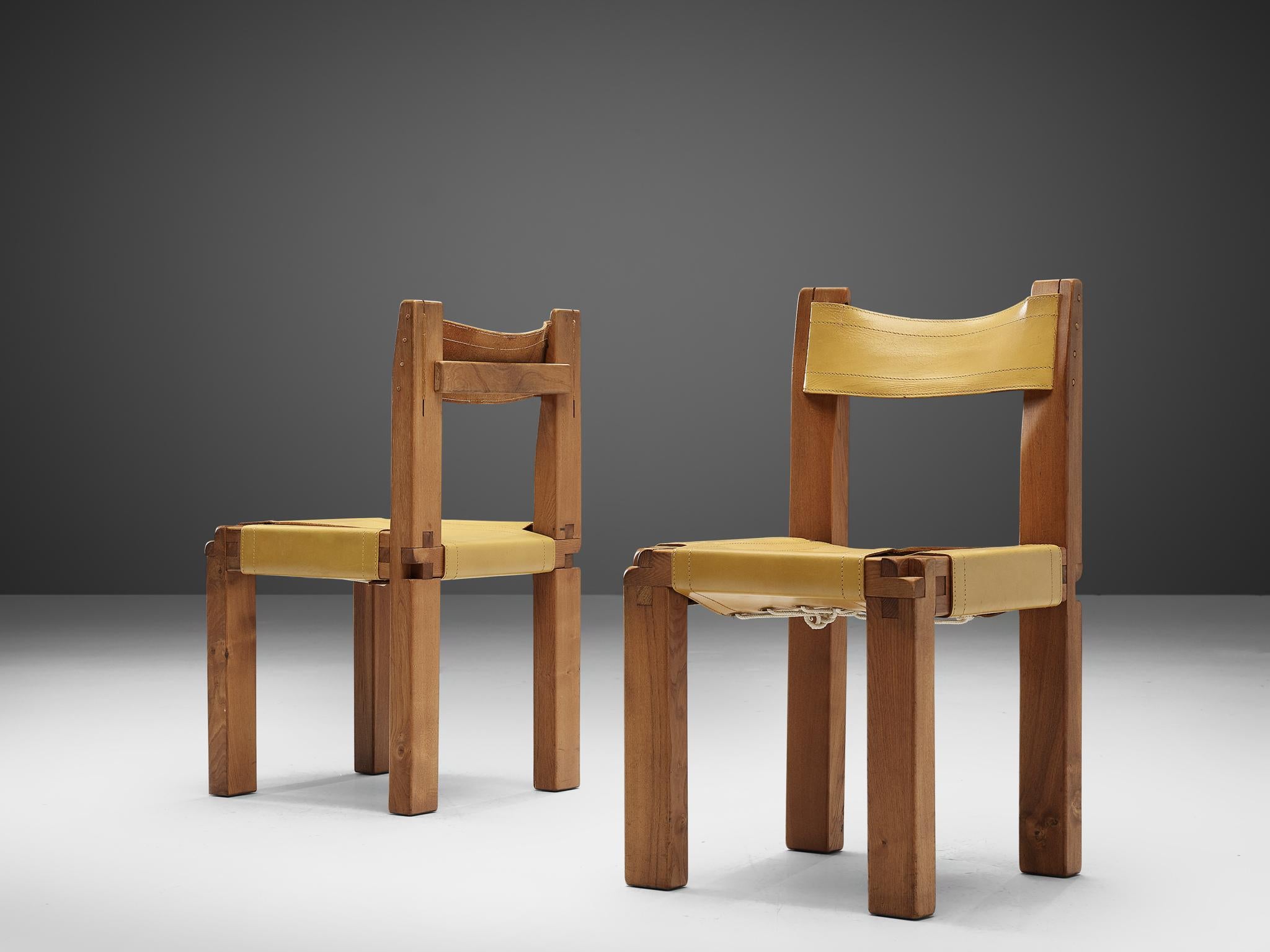 French Set of Six Pierre Chapo 'S11'  Dining Chairs in Solid Elm and Yellow Leather