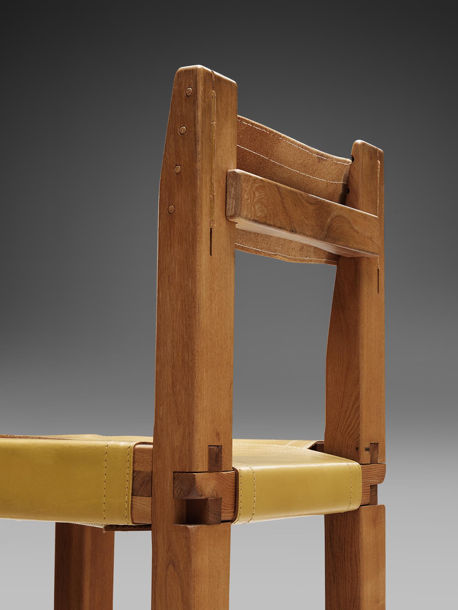 Mid-20th Century Set of Six Pierre Chapo 'S11'  Dining Chairs in Solid Elm and Yellow Leather