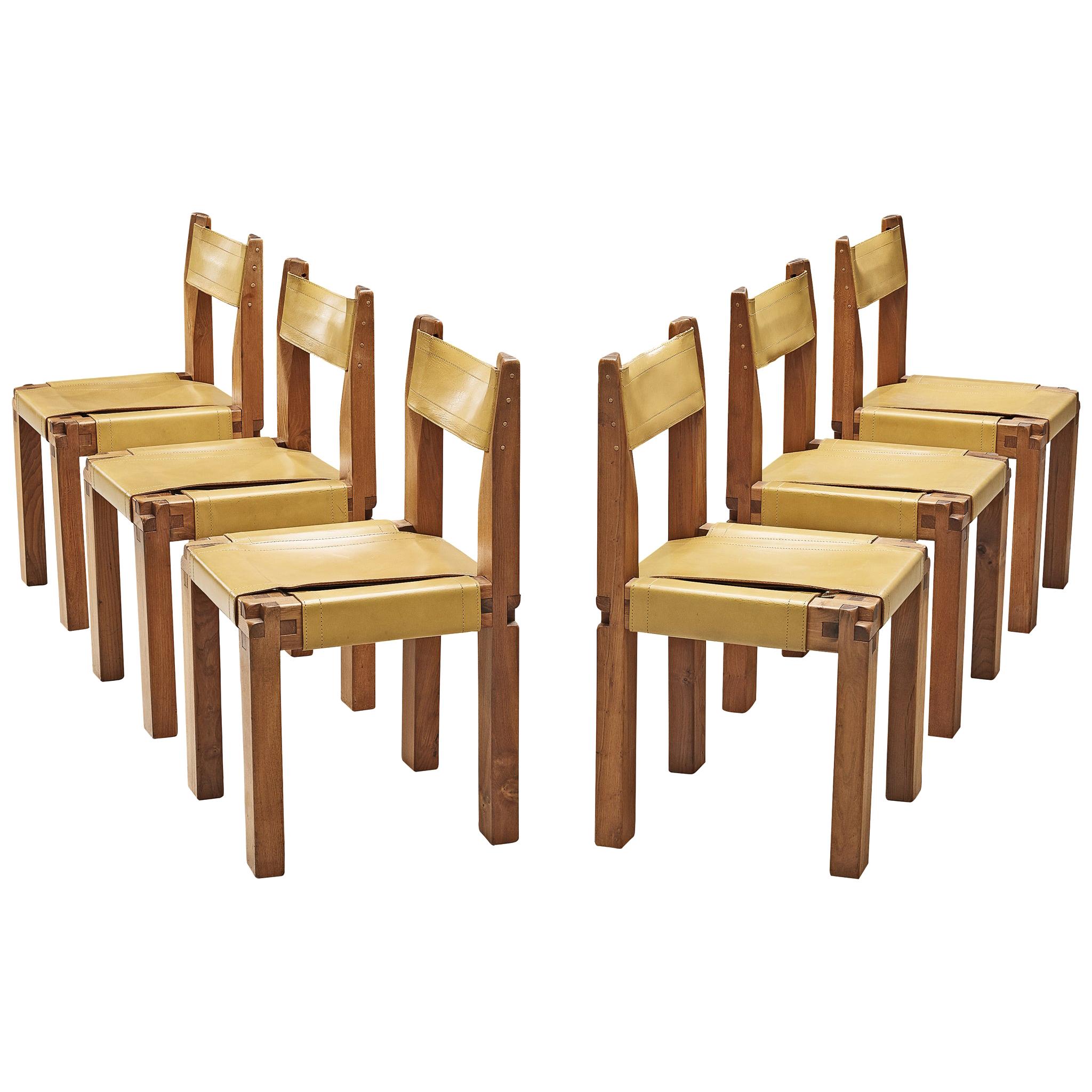 Set of Six Pierre Chapo 'S11'  Dining Chairs in Solid Elm and Yellow Leather