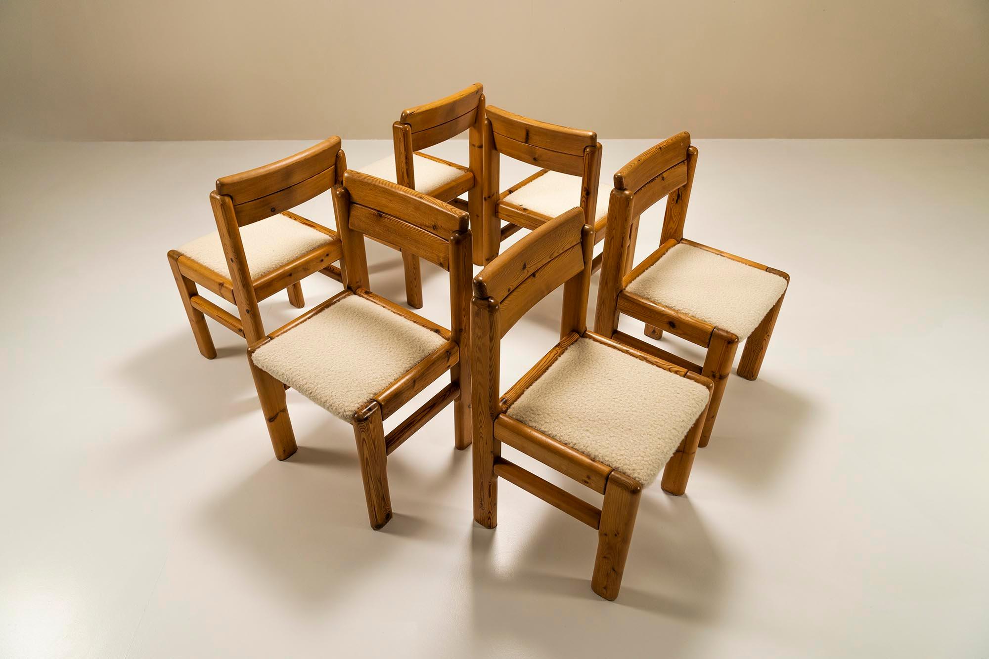 French Provincial Set of Six Dining Chairs in Solid Pine and Sheep Curl Bouclé, France, 1970s