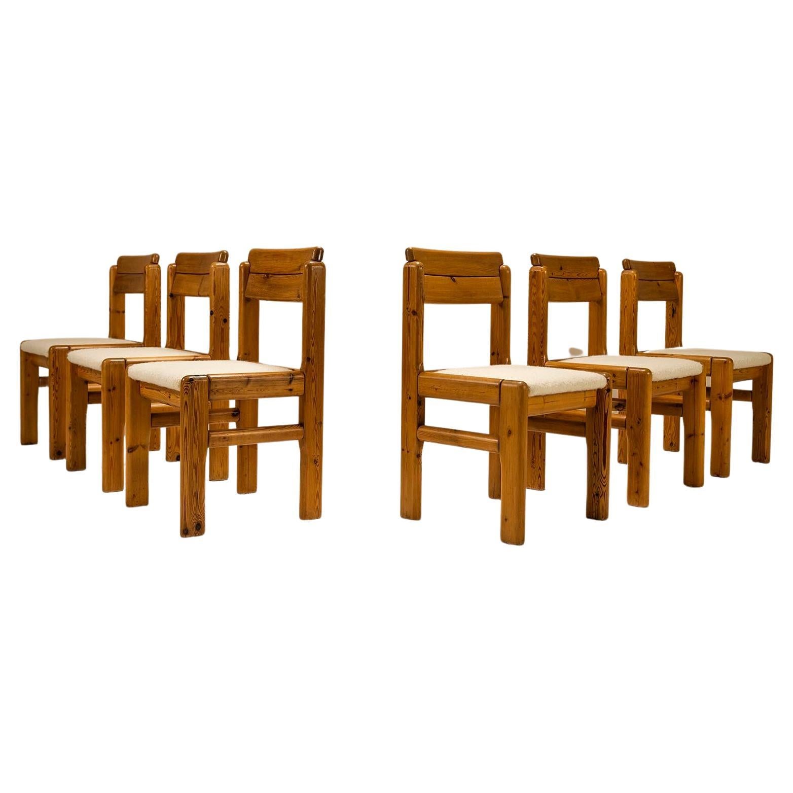 Set of Six Dining Chairs in Solid Pine and Sheep Curl Bouclé, France, 1970s