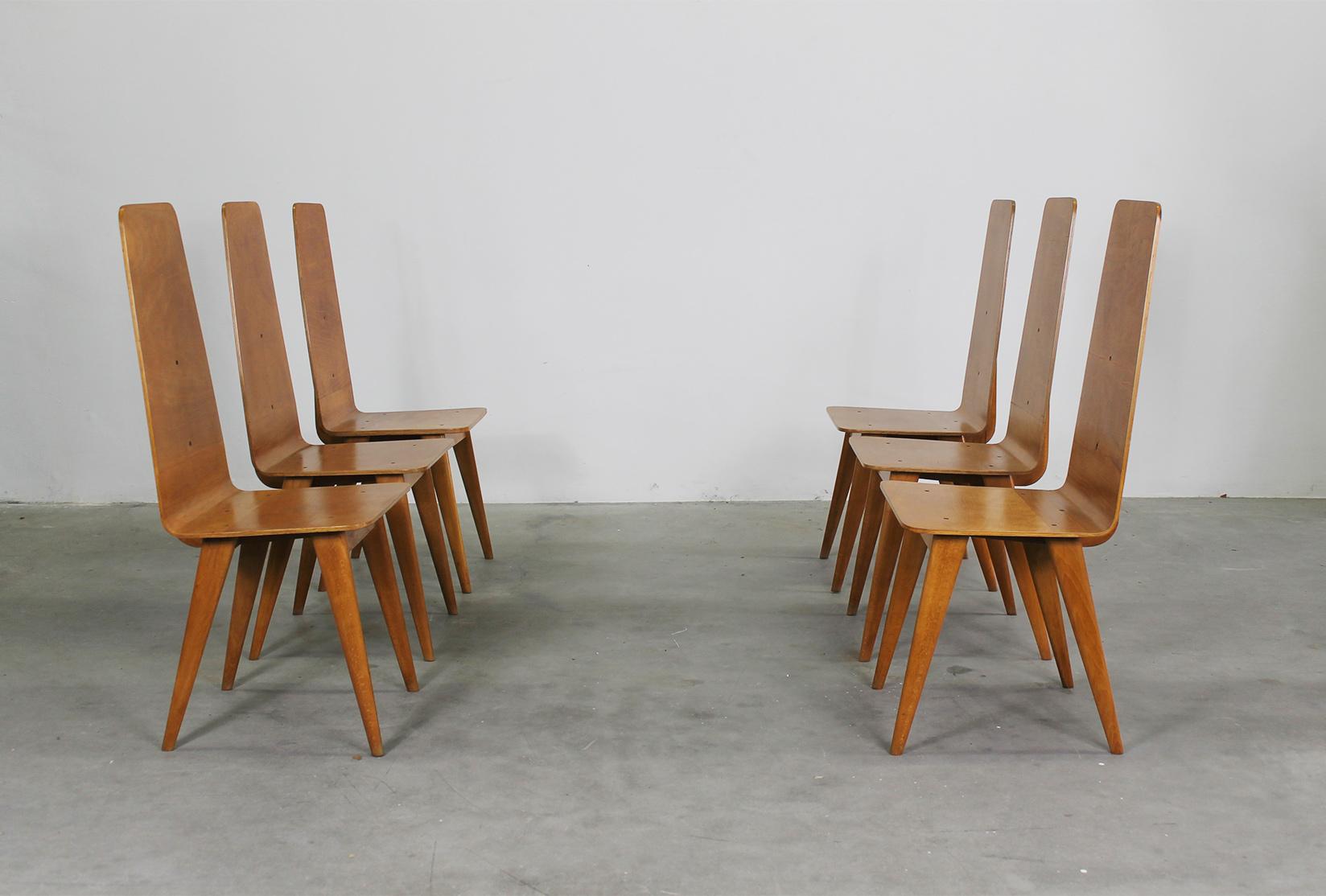 Mid-Century Modern Ensemble de six chaises en bois courbé de fabrication italienne Sineo Gemignani, années 1940 en vente