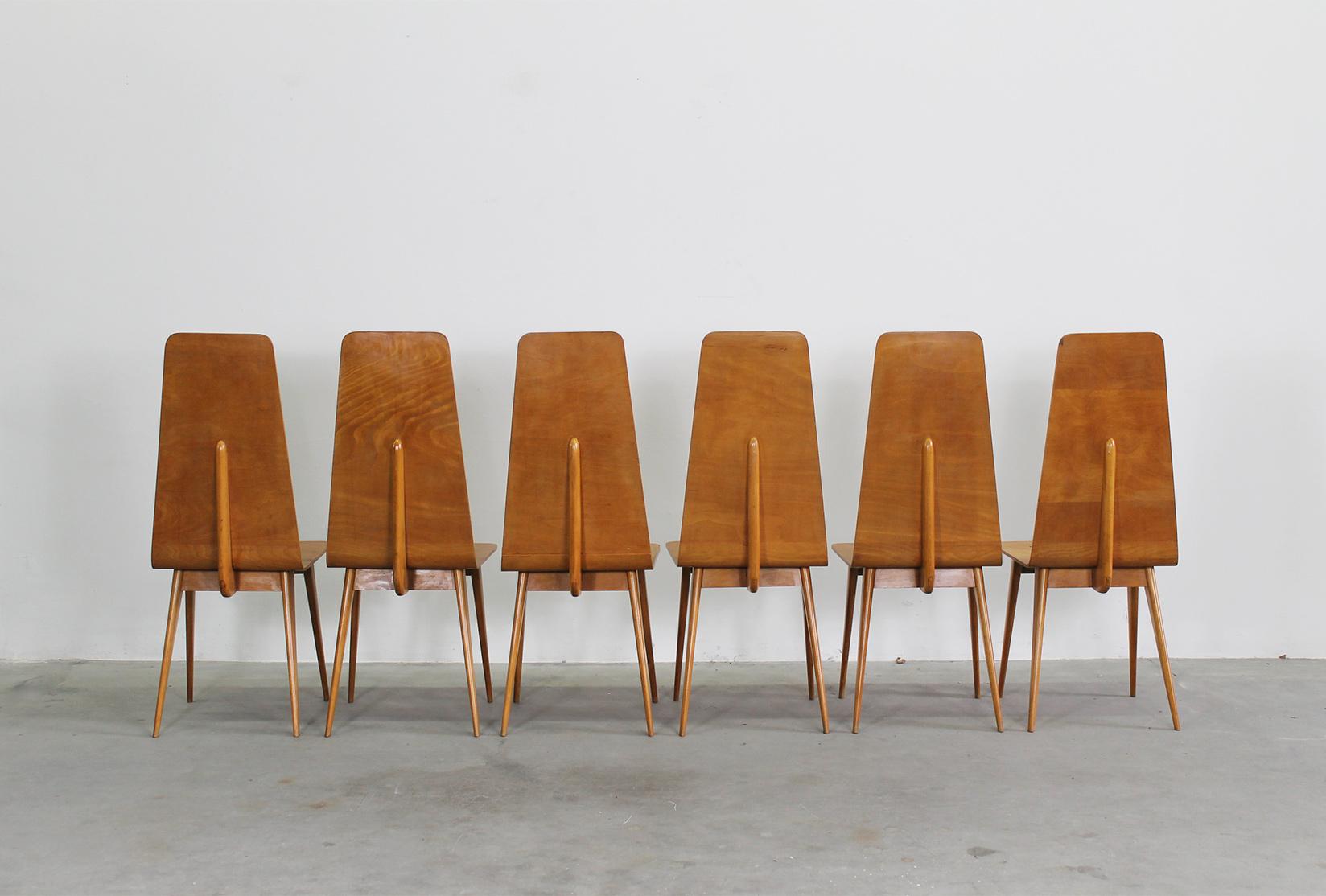 Mid-20th Century Set of Six Dining Chairs in Wood by Sineo Gemignani Italian Manufacture 1940s For Sale