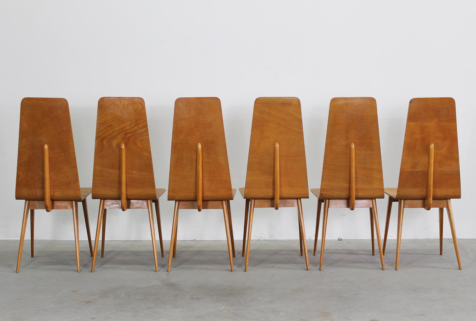 Set of Six Dining Chairs in Wood by Sineo Gemignani Italian Manufacture 1940s For Sale 1