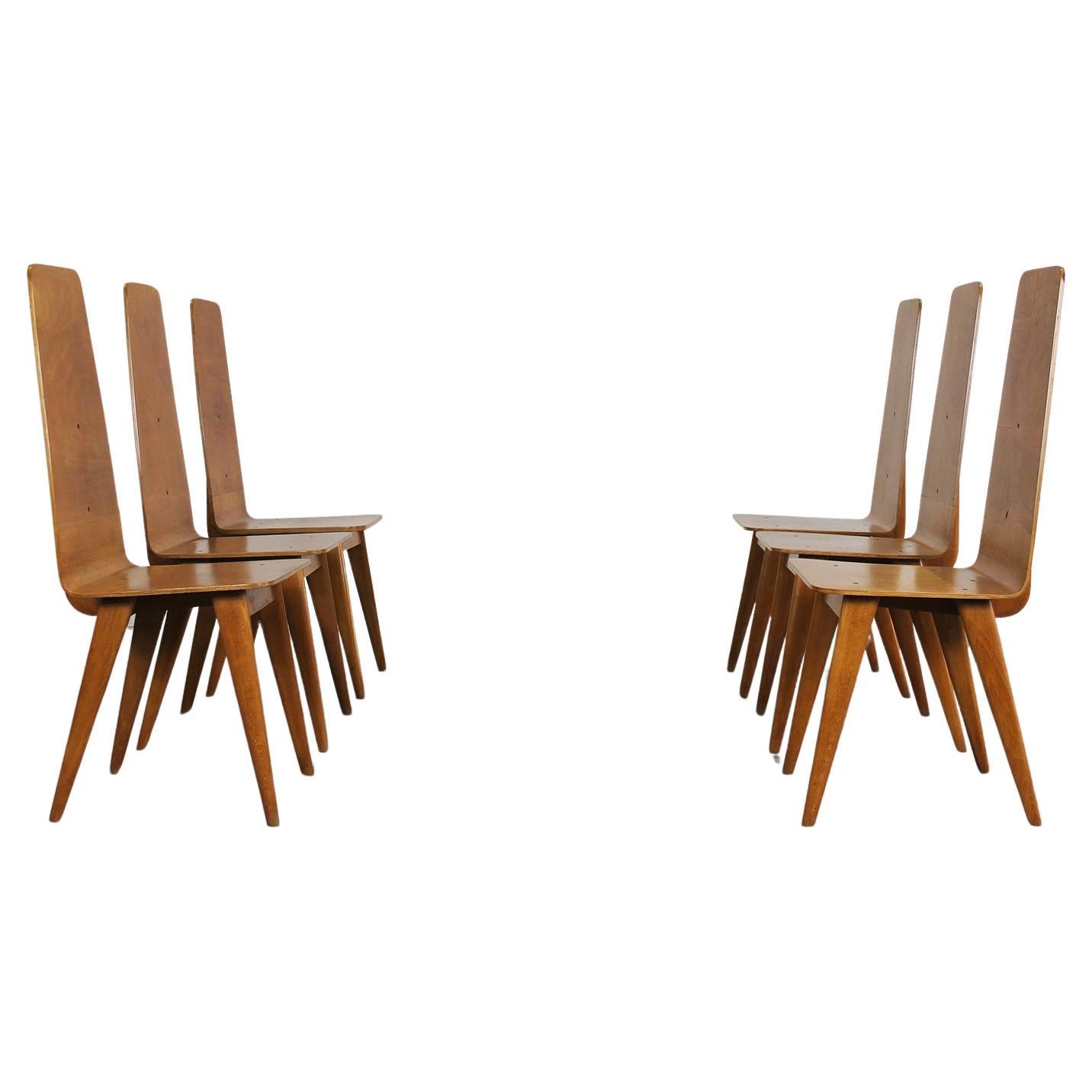 Set of Six Dining Chairs in Wood by Sineo Gemignani Italian Manufacture 1940s For Sale