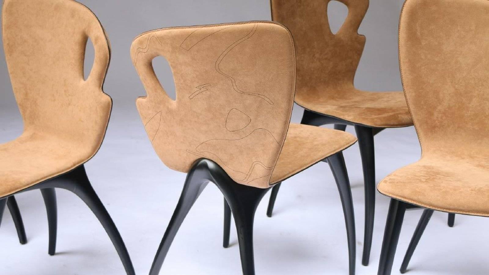 Set of six Italian dining chairs, late 20th century. Upholstered in suede 