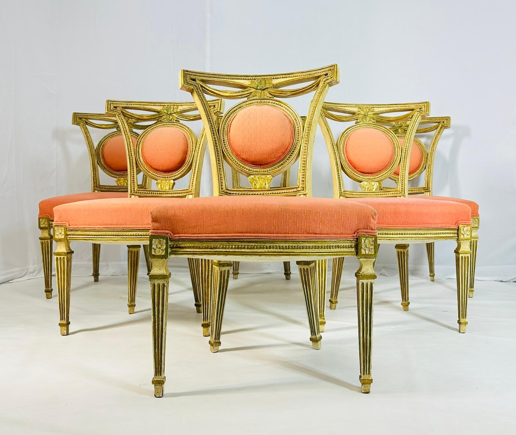 Set of 6 dining chairs designed and manufactured in Tuscany Italy in the early part of the 1800's.

The chairs are made out of solid beechwood, hand-carved and gilded.

The upholstery might not be original.

Unmarked.

Measurements:
35 inches high x