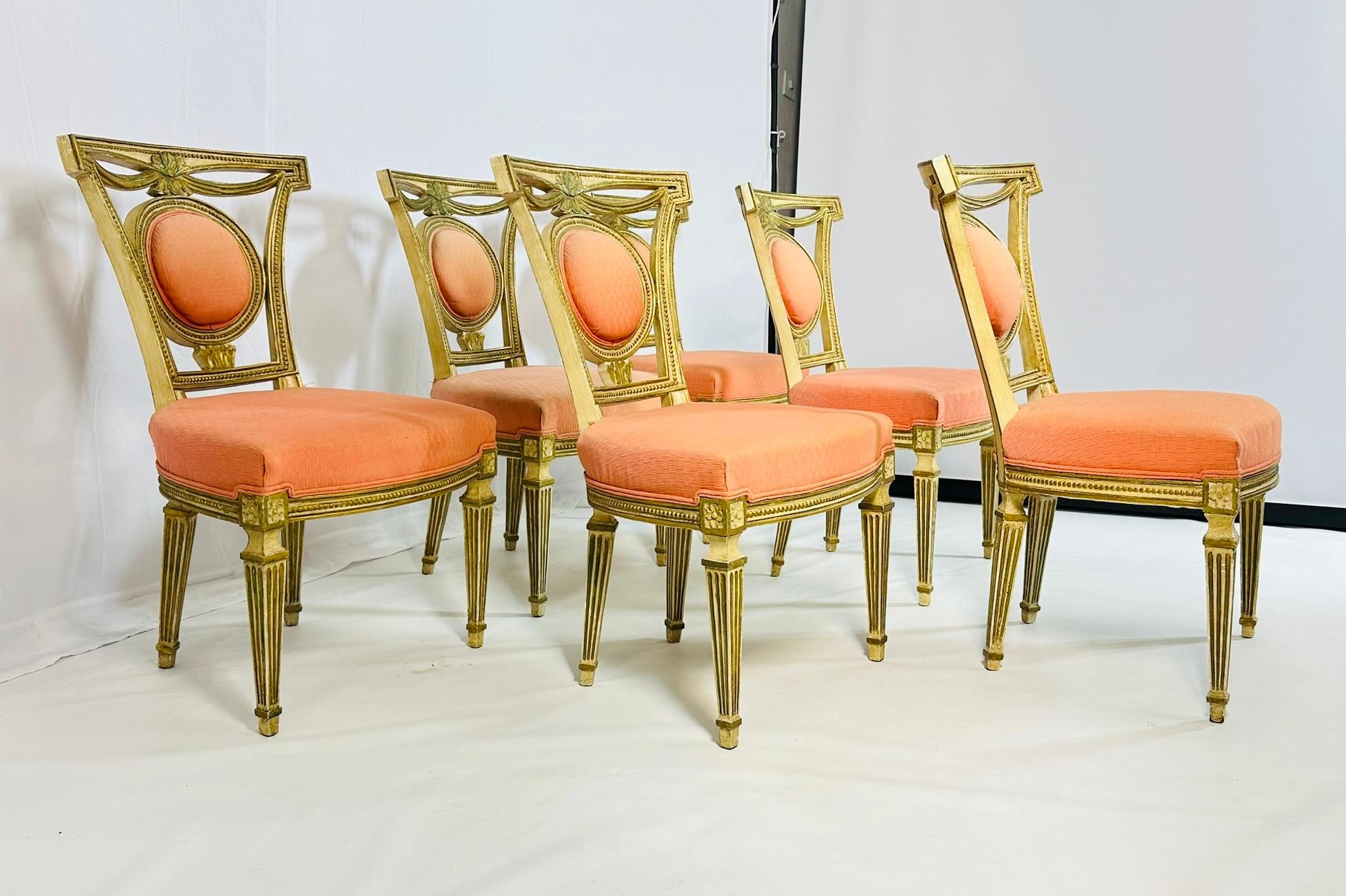 Gilt Set of Six Dining Chairs, Made in Italy Circa 1800's For Sale