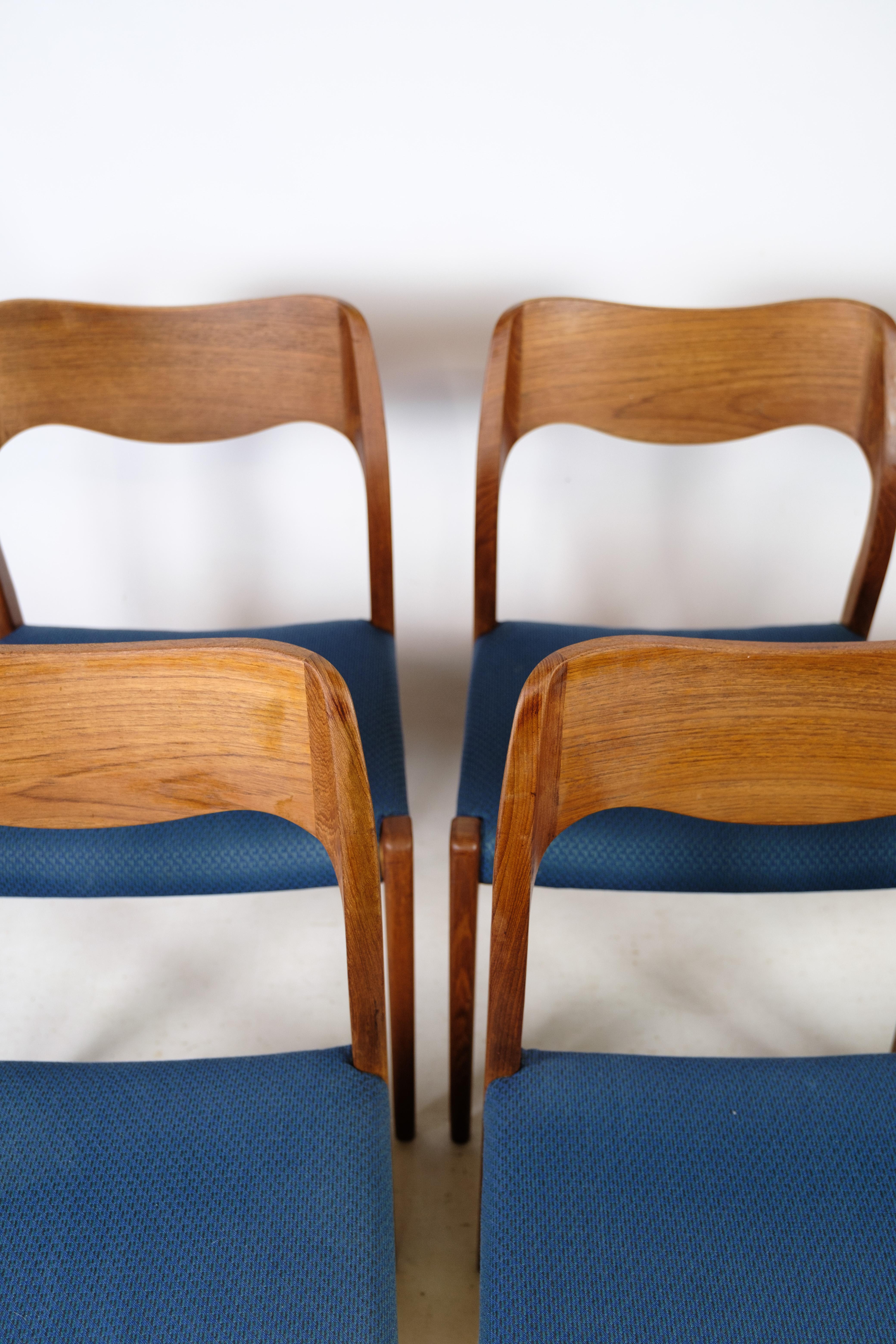 
This set of six dining chairs, known as Model 71, is a testament to the timeless design legacy of Niels O. Møller (1920-1982). Crafted from teak wood and manufactured by J.L. Møller's Møbelfabrik in the 1960s, these chairs exude the elegance and