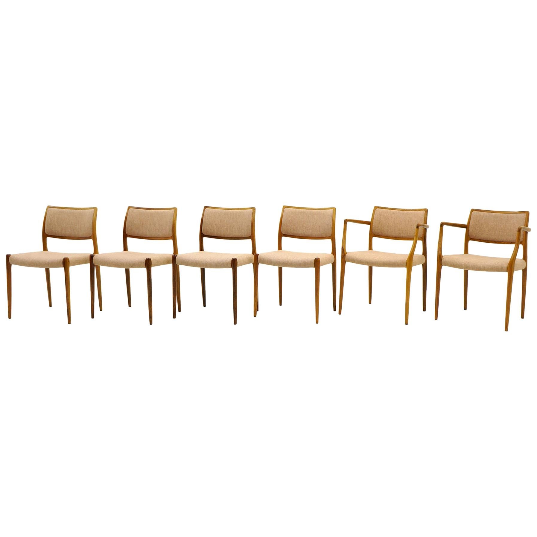 Set of Six Dining Chairs, Model 80 in Rosewood by N.O. Møller, 1960s, Excellent