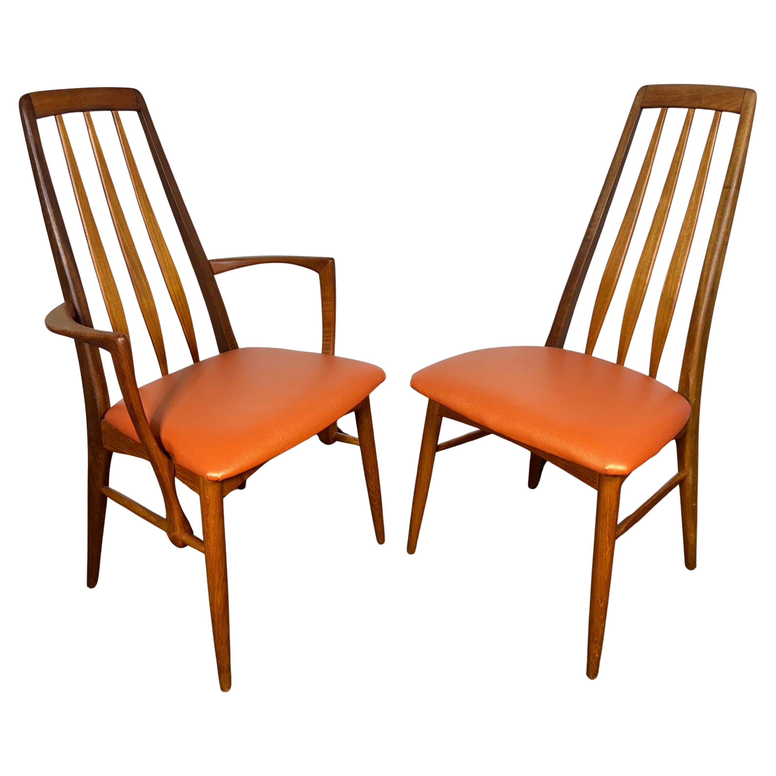 Precioso juego de seis sillas auxiliares de teca, modelo EVA diseñado por Niels Kofoed y fabricado por Hornslet Møbelfabrik, Dinamarca. Cómodo juego de sillas de comedor vintage de teca maciza .. rECENTLY  retapizado... Calidad y construcción