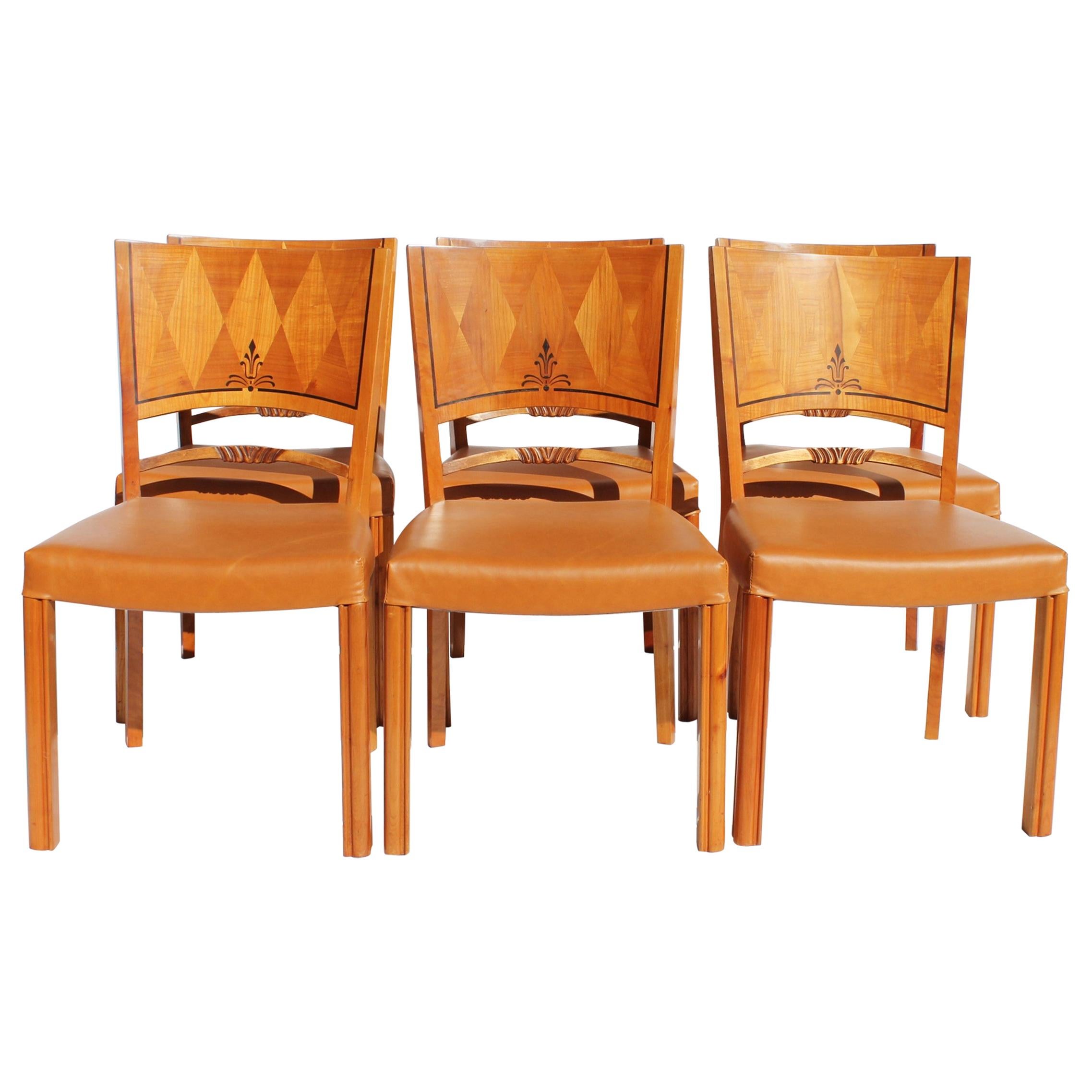 Art Deco Set of Six Dining Chairs Newly Upholstered with Elegance Leather, 1950s For Sale