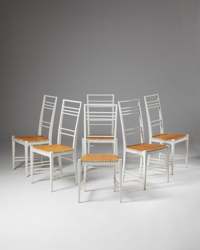 Mid-Century Modern Set of Six Dining Chairs “Poem” Designed by Erik Chambert, Sweden. 1953 For Sale