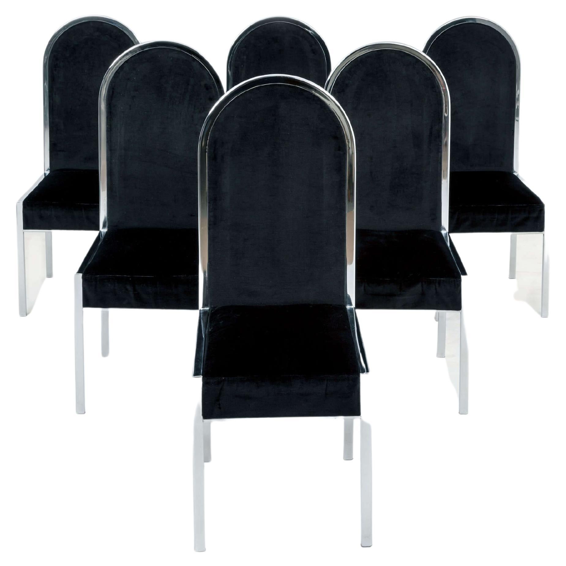 Set of Six Dining Chairs with a Chrome Framed Black Velvet Upholstery For Sale