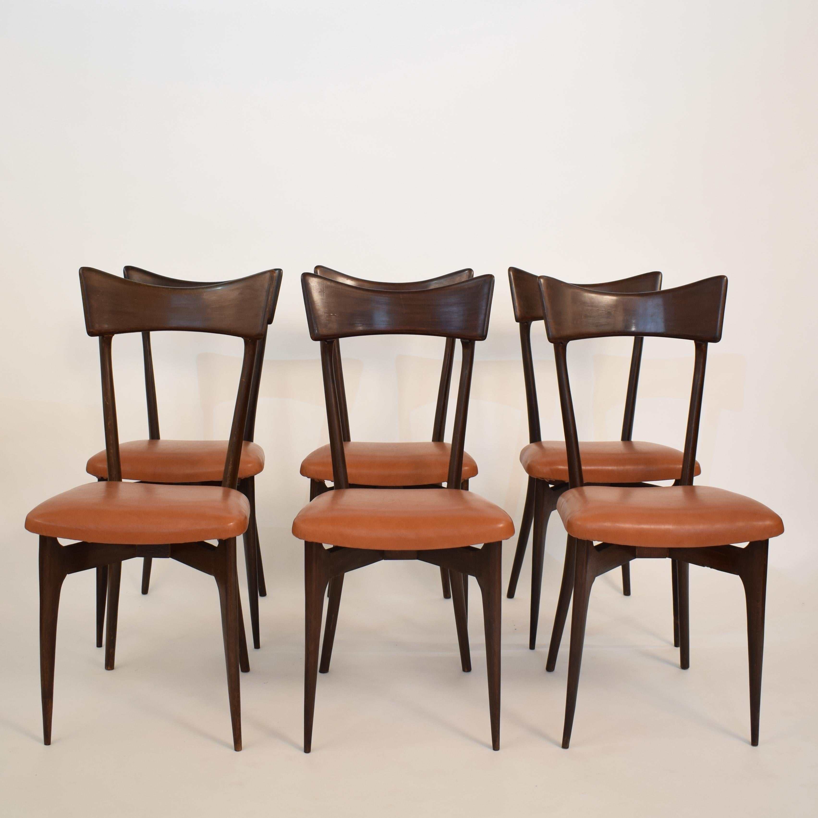 Mid-Century Modern Set of Six Dining Chairs with Cognac Leather by Ico Parisi for Colombo, 1950