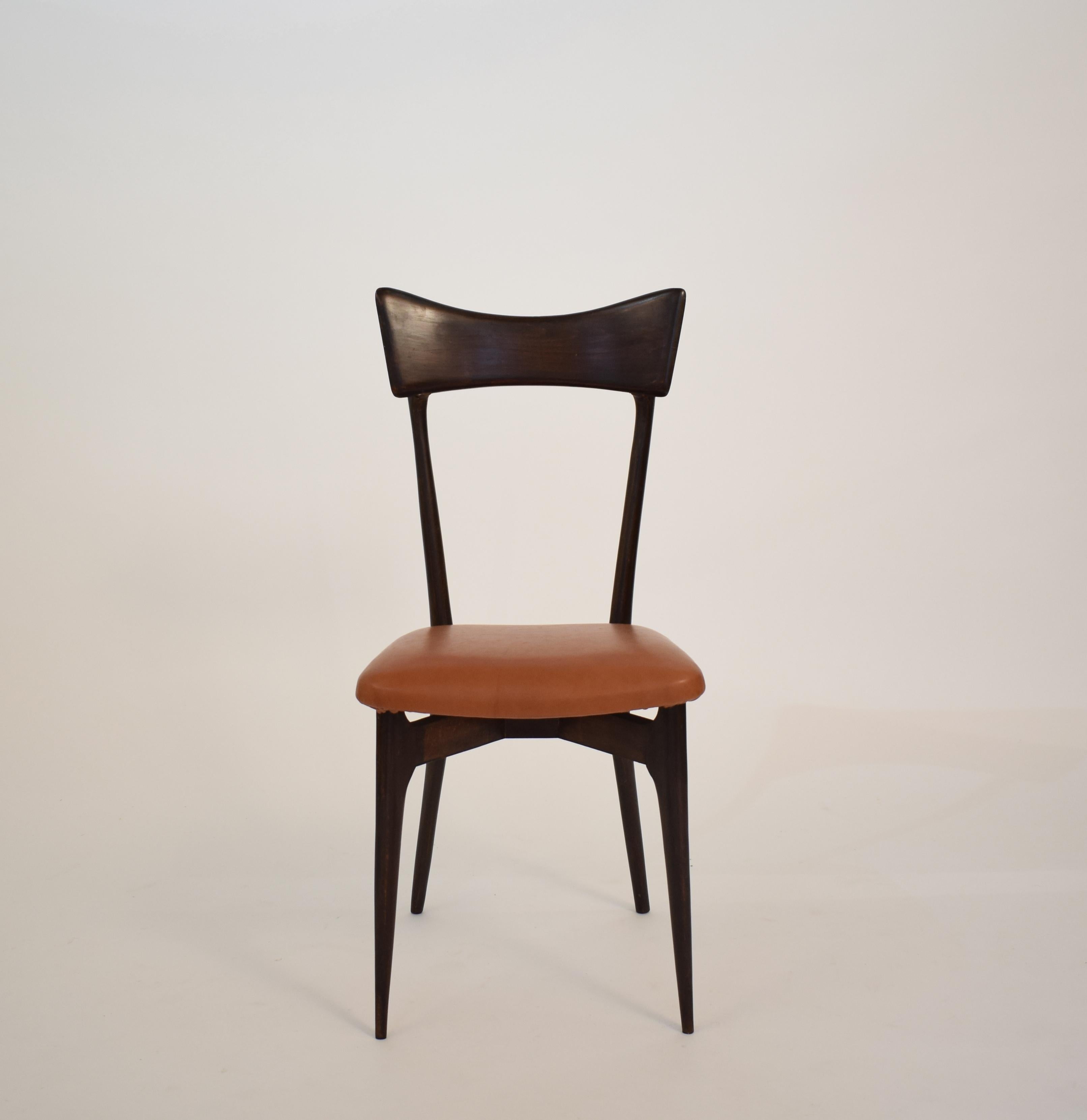 Italian Set of Six Dining Chairs with Cognac Leather by Ico Parisi for Colombo, 1950