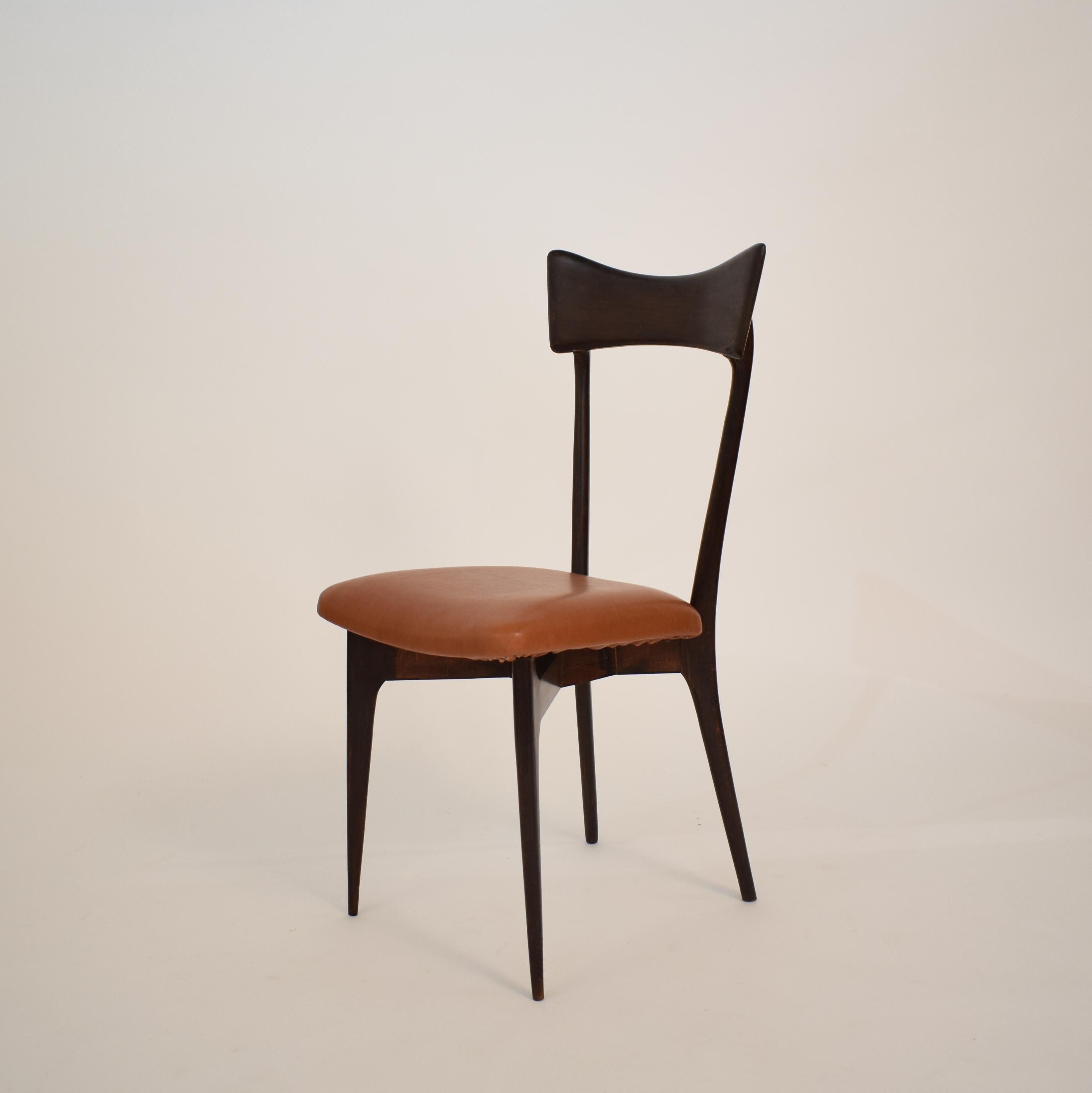 Set of Six Dining Chairs with Cognac Leather by Ico Parisi for Colombo, 1950 In Good Condition In Berlin, DE