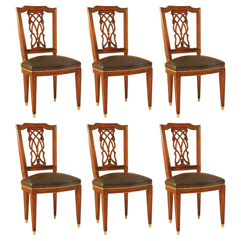 Set of Six Dining Chairs with Lattice Back Detail signed Jansen