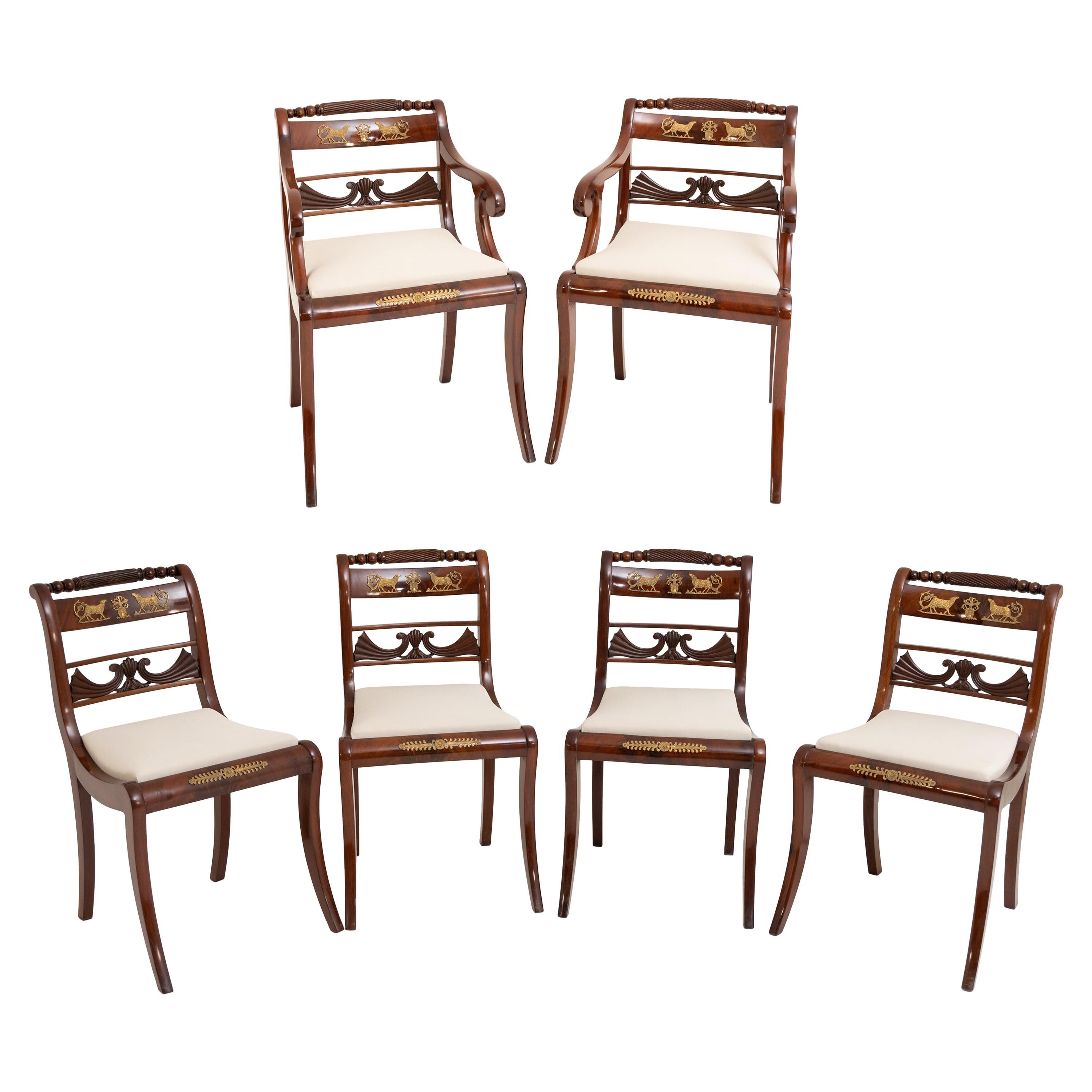 Set of Six Dining Room Chairs and Armchairs, Mahogany, Northern Germany