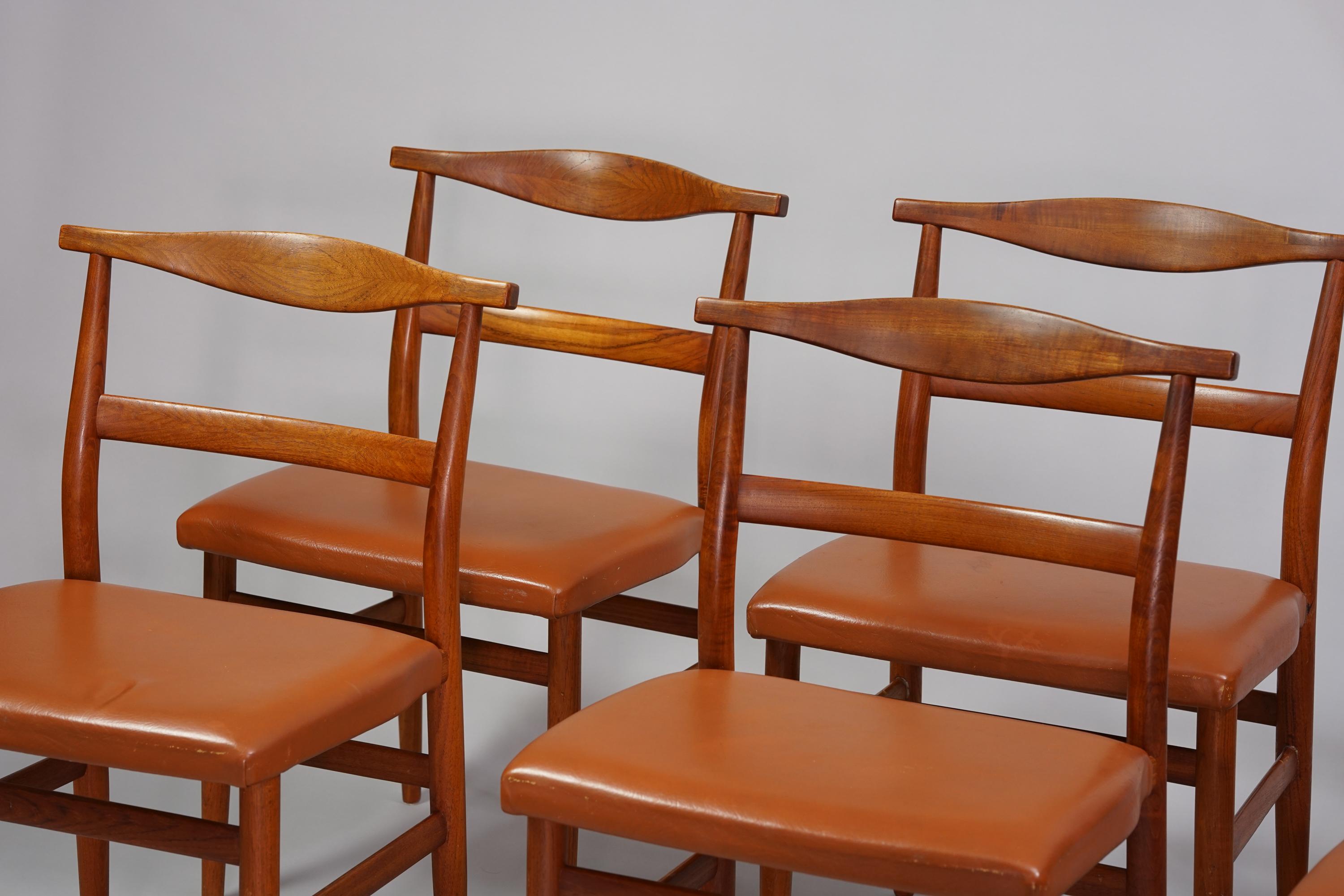 Set of six dining room chairs by Olof Ottelin from the 1950s/1960s. Teak frame, leather seats. Good vintage condition, wear consistent with age and use. The chairs will be sold as as set.