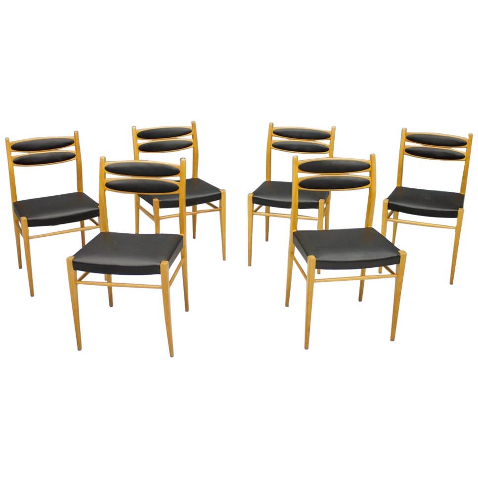 Set of Six Dining Room Chairs in Cherry Wood and Black Leather 60s For Sale