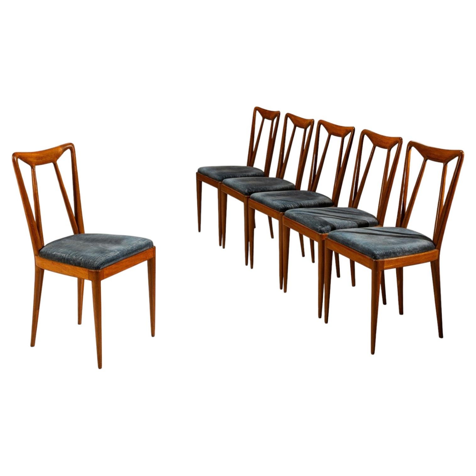 Set of Six Dining Room Chairs in Walnut attr. to Ico Parisi, Italy 1950s
