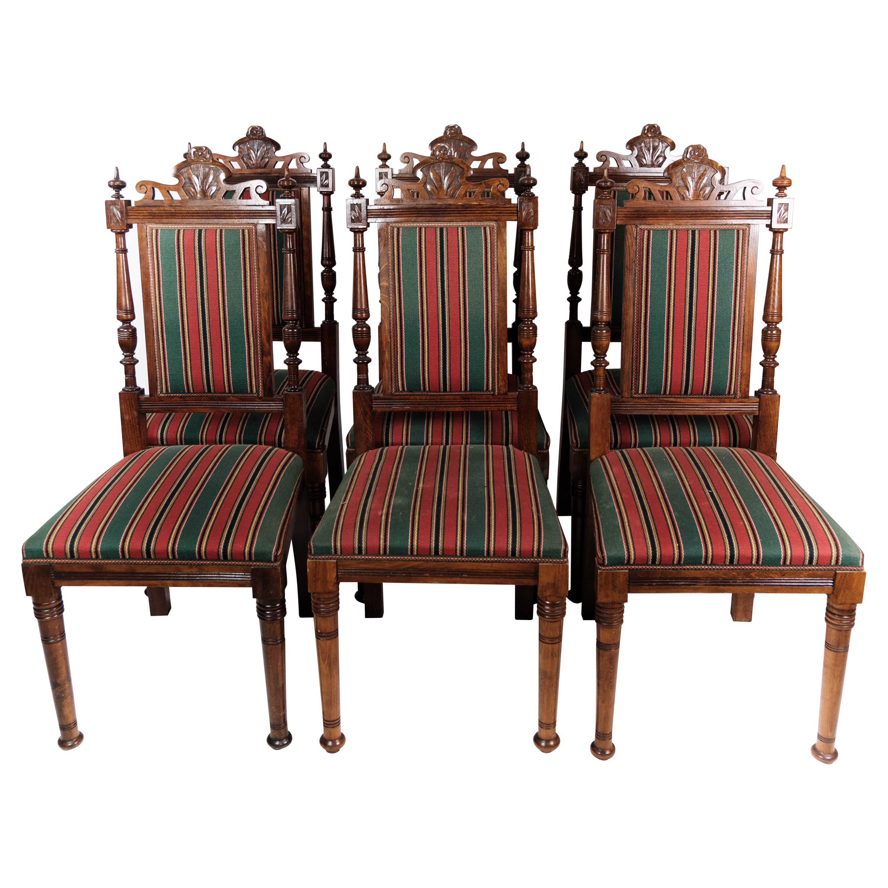 Set von sechs Esszimmerstühlen aus Eiche & gestreiften Stoffen aus den 1920er Jahren