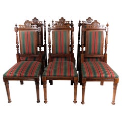 Set Of Six Dining Room Chairs Made In Oak & Striped Fabric From 1920s
