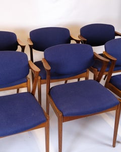 Set Of Six Dining Room Chairs Model 42 In Teak & Blue Fabric By Kai Kristiansen