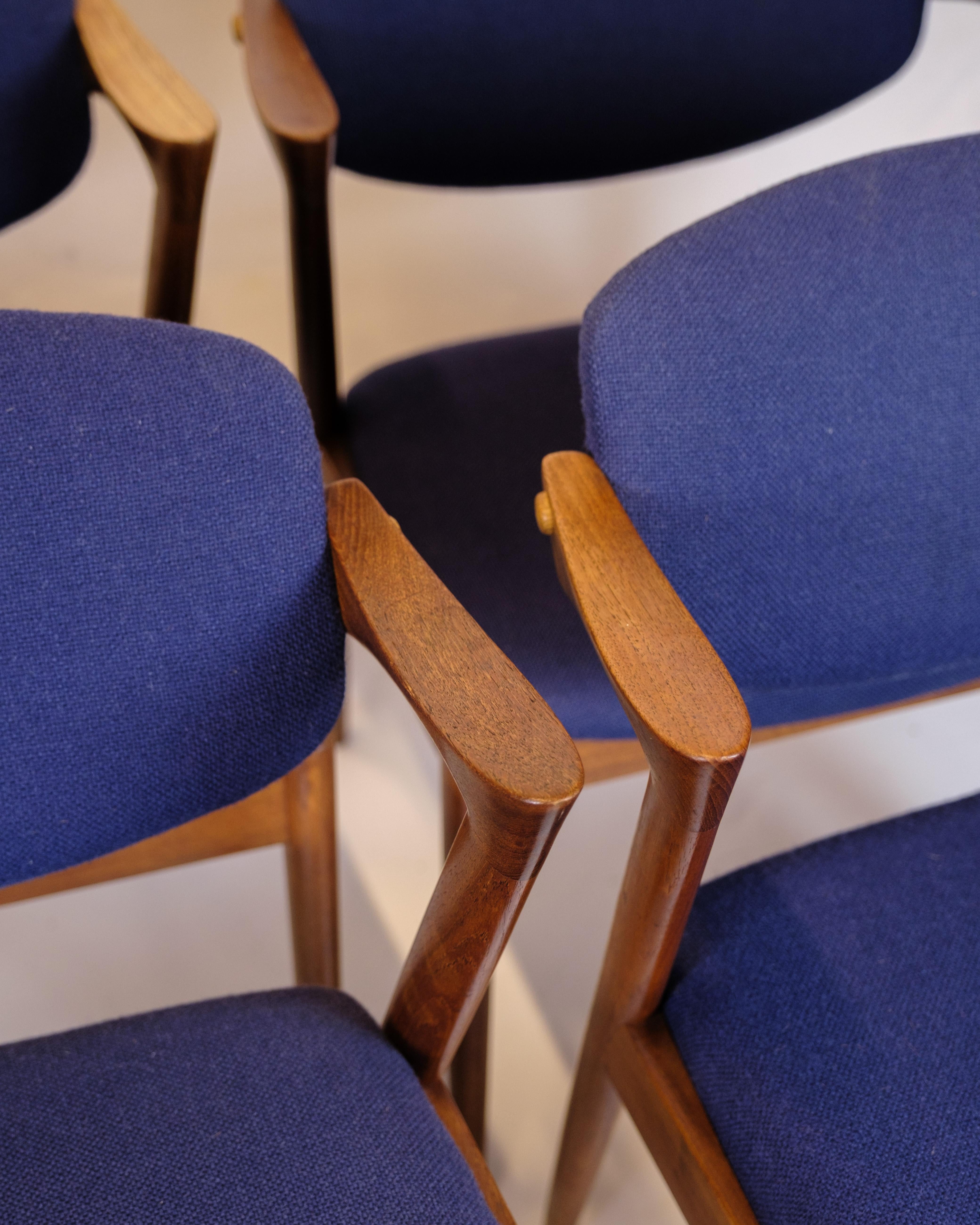 Mid-Century Modern Set Of Six Dining Room Chairs Model 42 In Teak & Blue Fabric By Kai Kristiansen For Sale