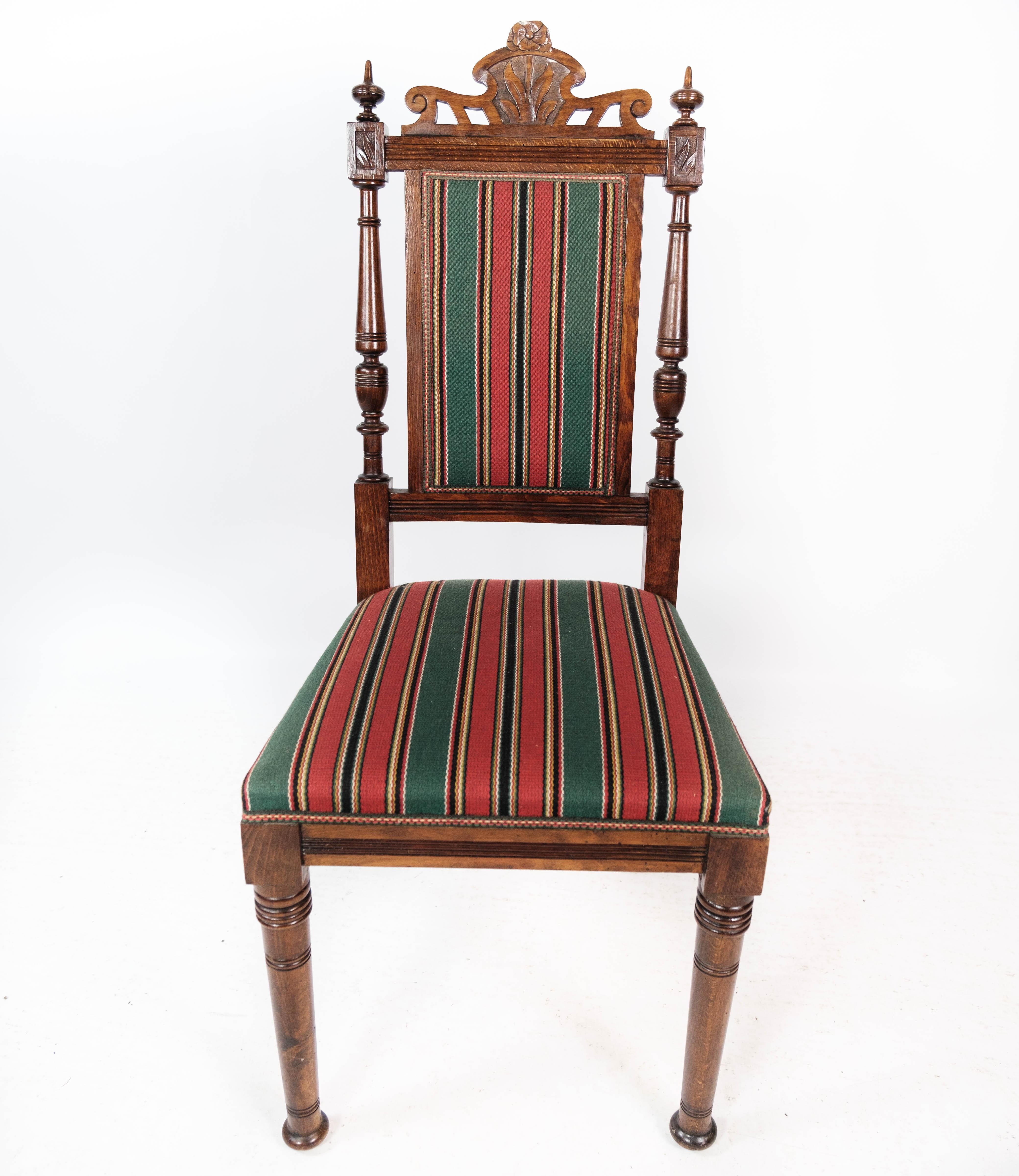 Set of Six Dining Room Chairs of Oak and Upholstered with Striped Fabric, 1920s For Sale 3