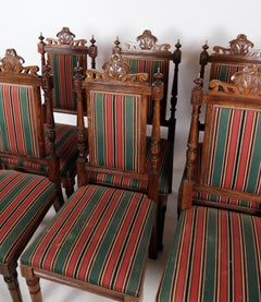 Set Of Six Dining Room Chairs Made In Oak & Striped Fabric From 1920s