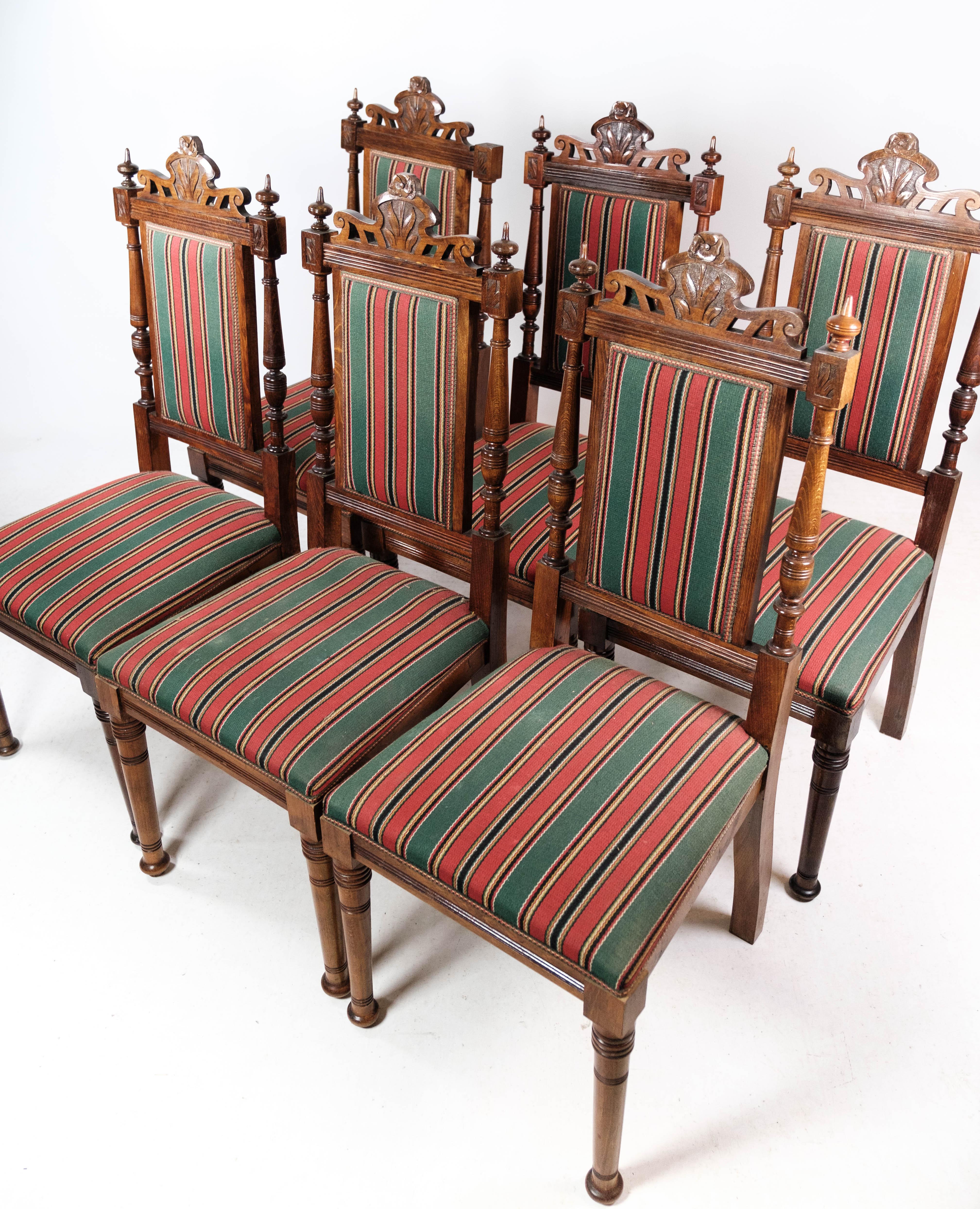Other Set of Six Dining Room Chairs of Oak and Upholstered with Striped Fabric, 1920s For Sale