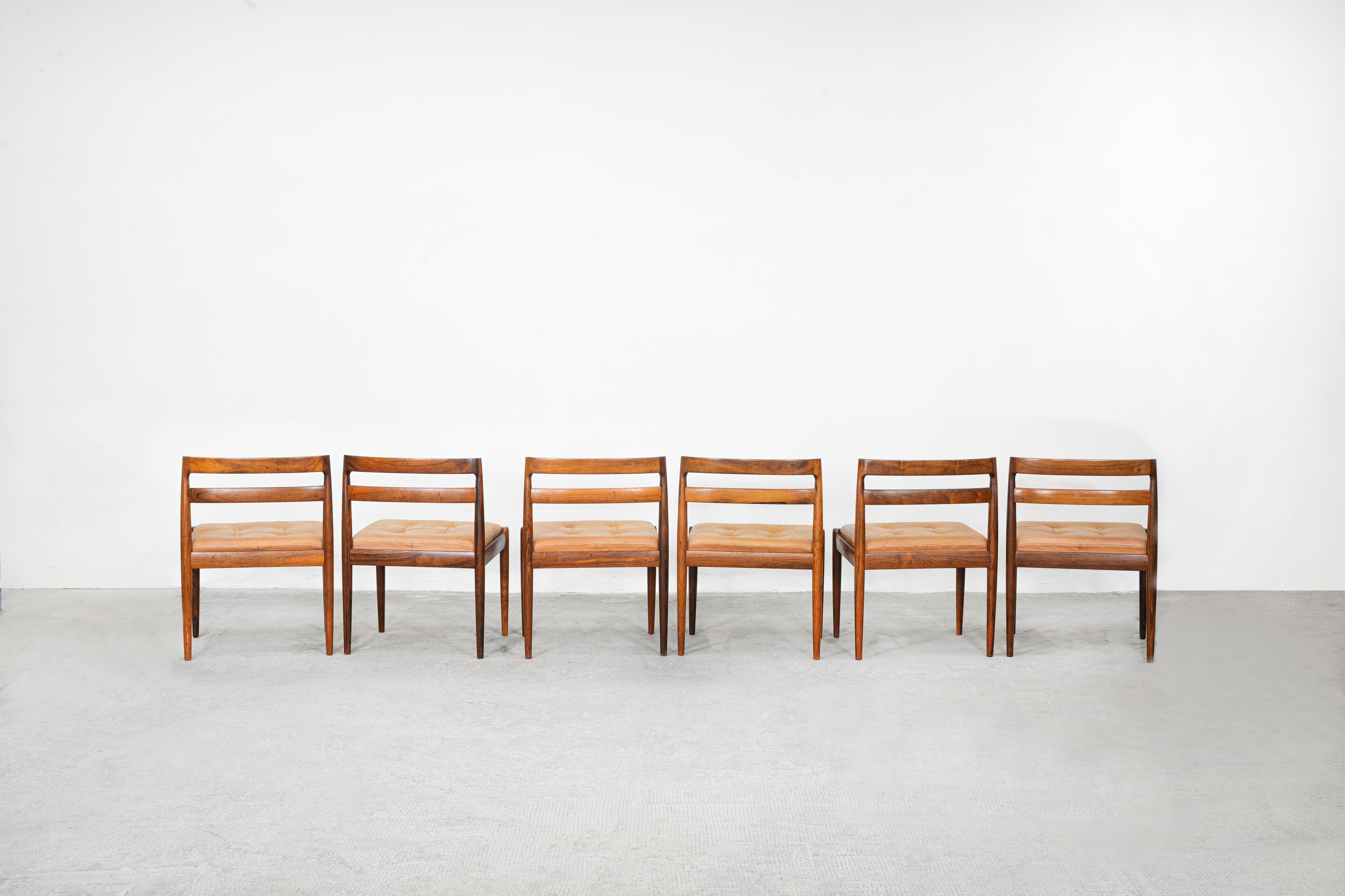 Danish Set of Six Dining Side Chairs by Kai Kristiansen for Magnus Olesen, Denmark For Sale