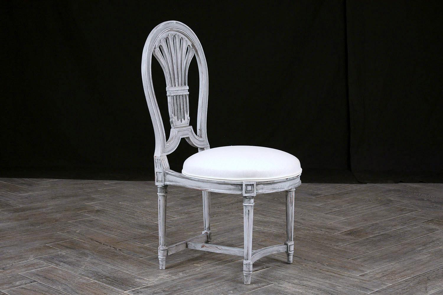 Fabric Set of Six Swedish Gustavian Style Dining Chairs