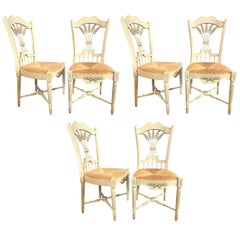 Set of Six Distressed White Painted "Italian" Rush Seat Side Chairs