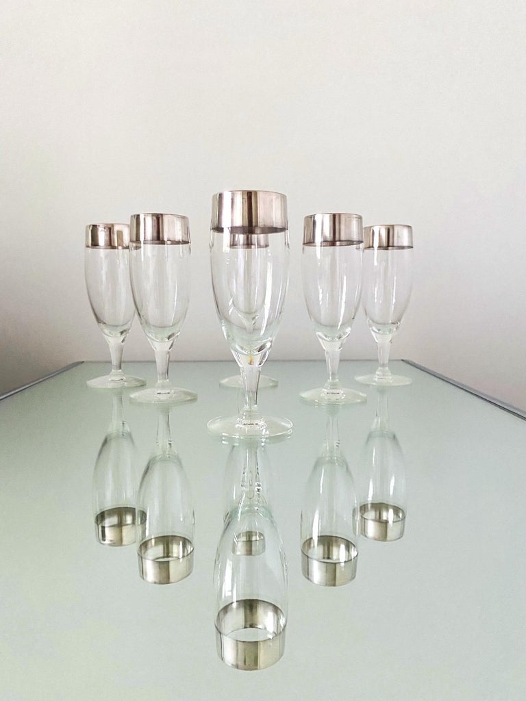 Set of Six Dorothy Thorpe Champagne Flutes with Sterling Silver Overlay, 1950's For Sale 6