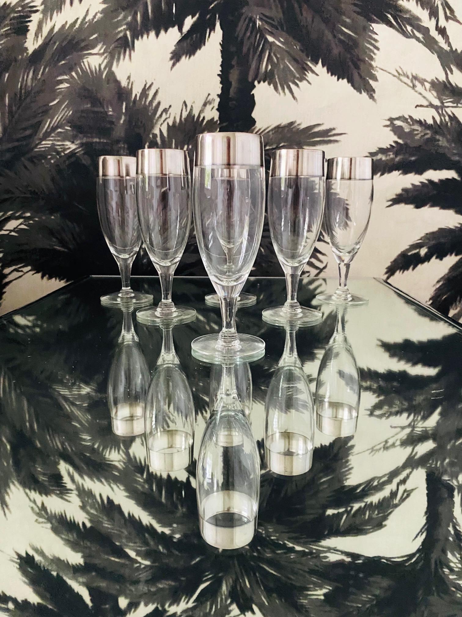 Mid-Century Modern Set of Six Dorothy Thorpe Champagne Flutes with Sterling Silver Overlay, 1950's For Sale