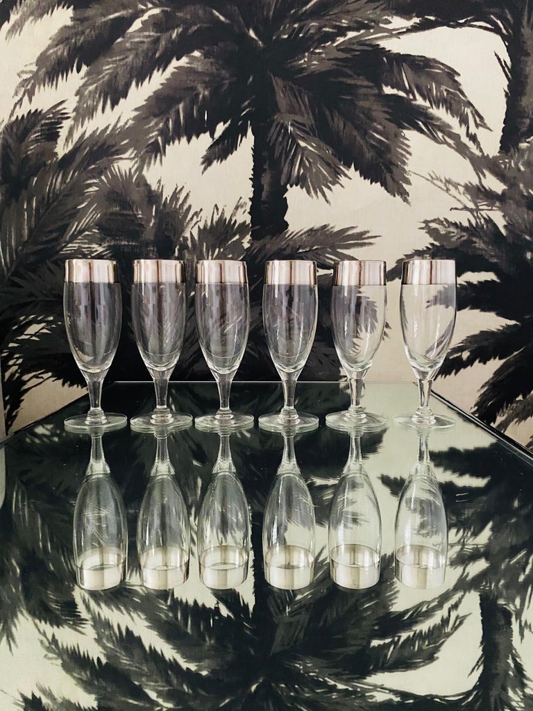 American Set of Six Dorothy Thorpe Champagne Flutes with Sterling Silver Overlay, 1950's For Sale