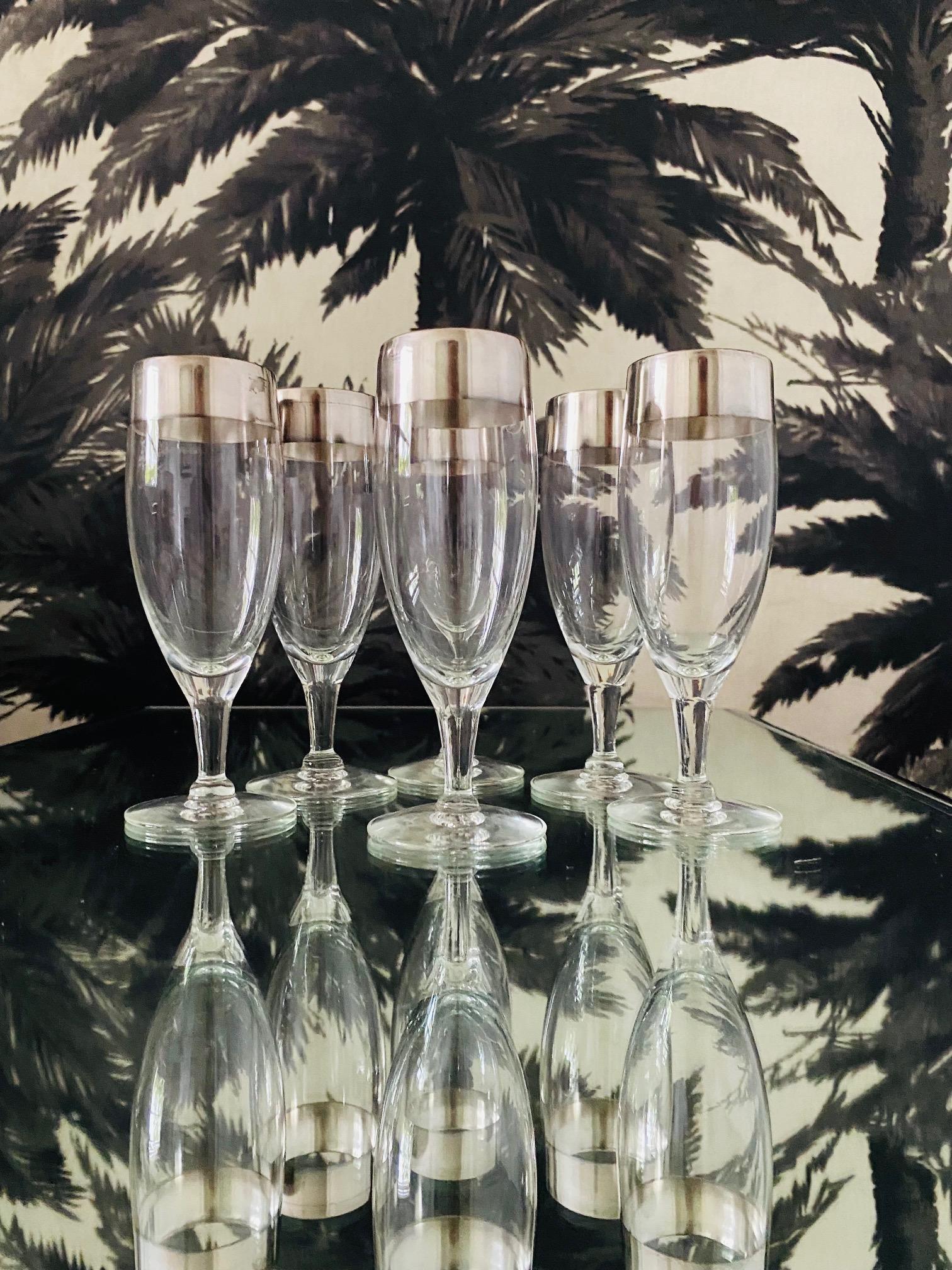 Hand-Crafted Set of Six Dorothy Thorpe Champagne Flutes with Sterling Silver Overlay, 1950's For Sale