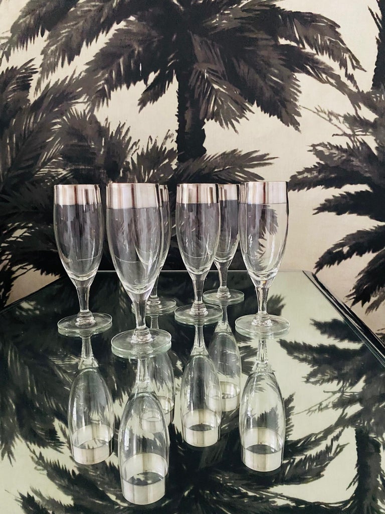 Set of Six Dorothy Thorpe Champagne Flutes with Sterling Silver Overlay, 1950's In Good Condition For Sale In Fort Lauderdale, FL