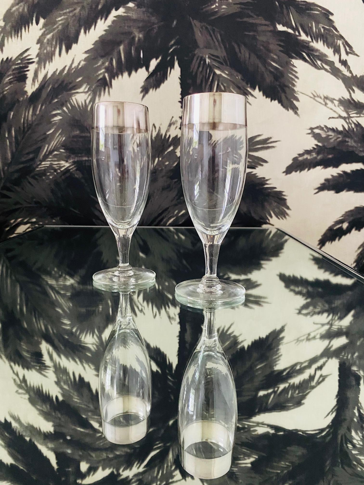 Mid-20th Century Set of Six Dorothy Thorpe Champagne Flutes with Sterling Silver Overlay, 1950's For Sale