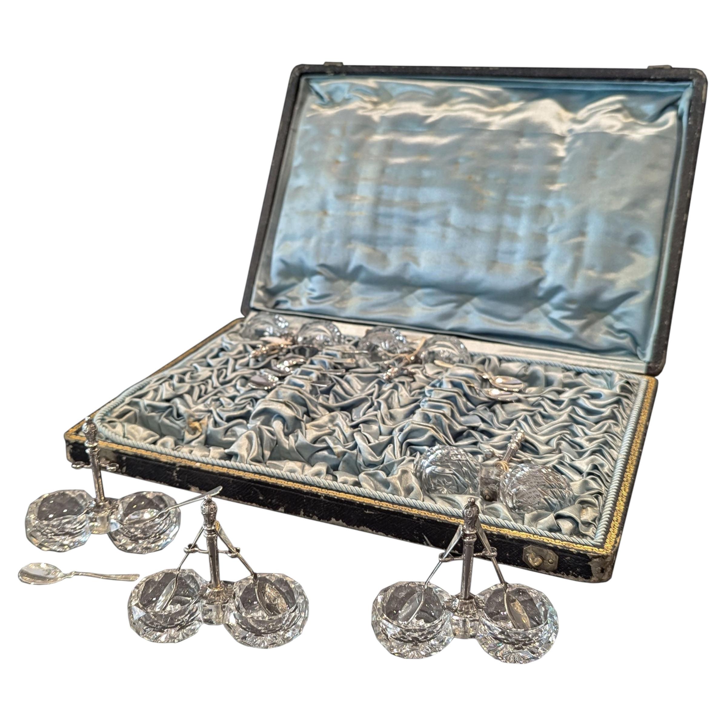 Set of six double salt cellars with their silver spoons, Paris around 1900