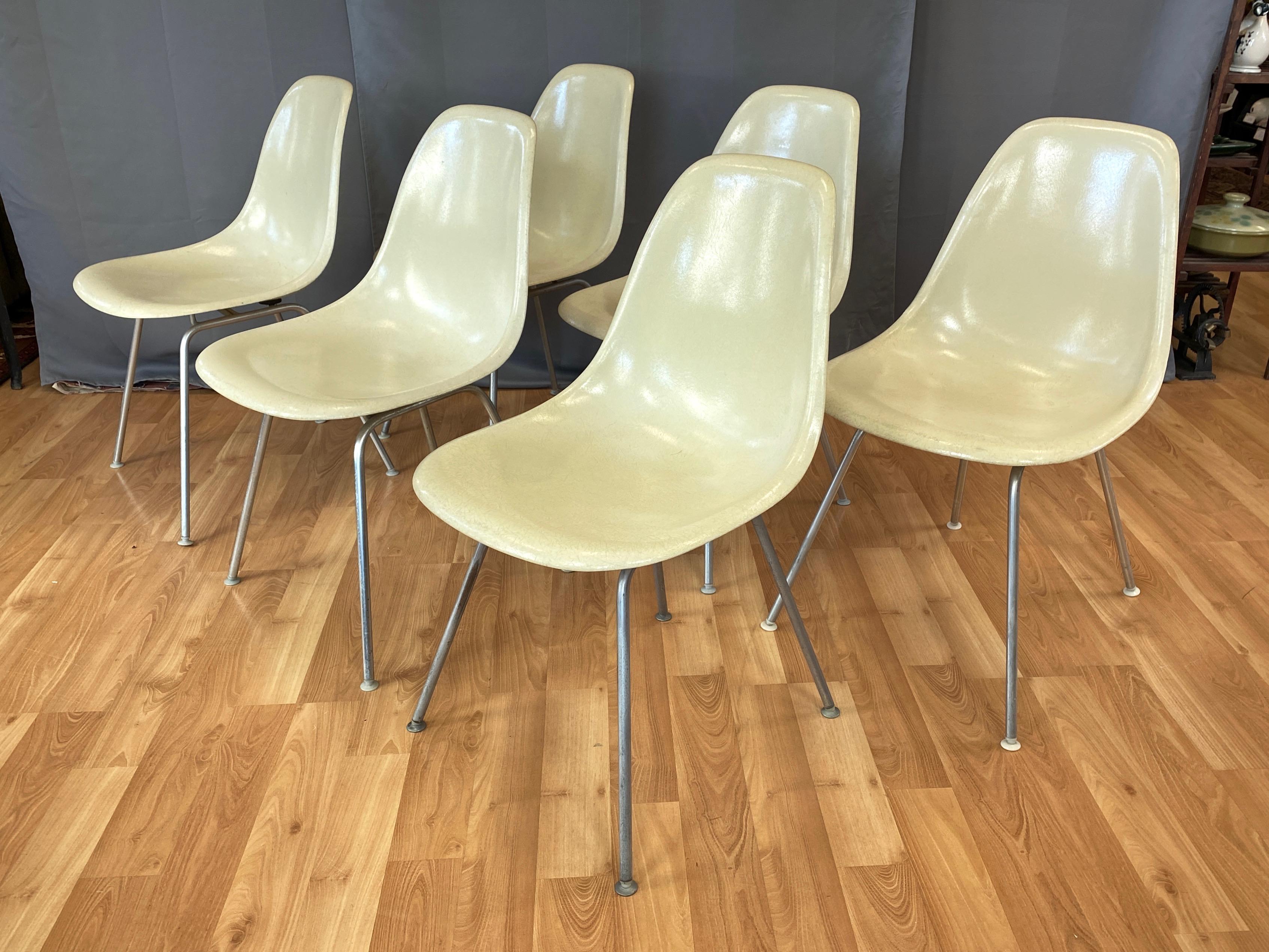 Molded Set of Six Eames for Herman Miller DSX and DSG Side Chairs in Parchment, 1959