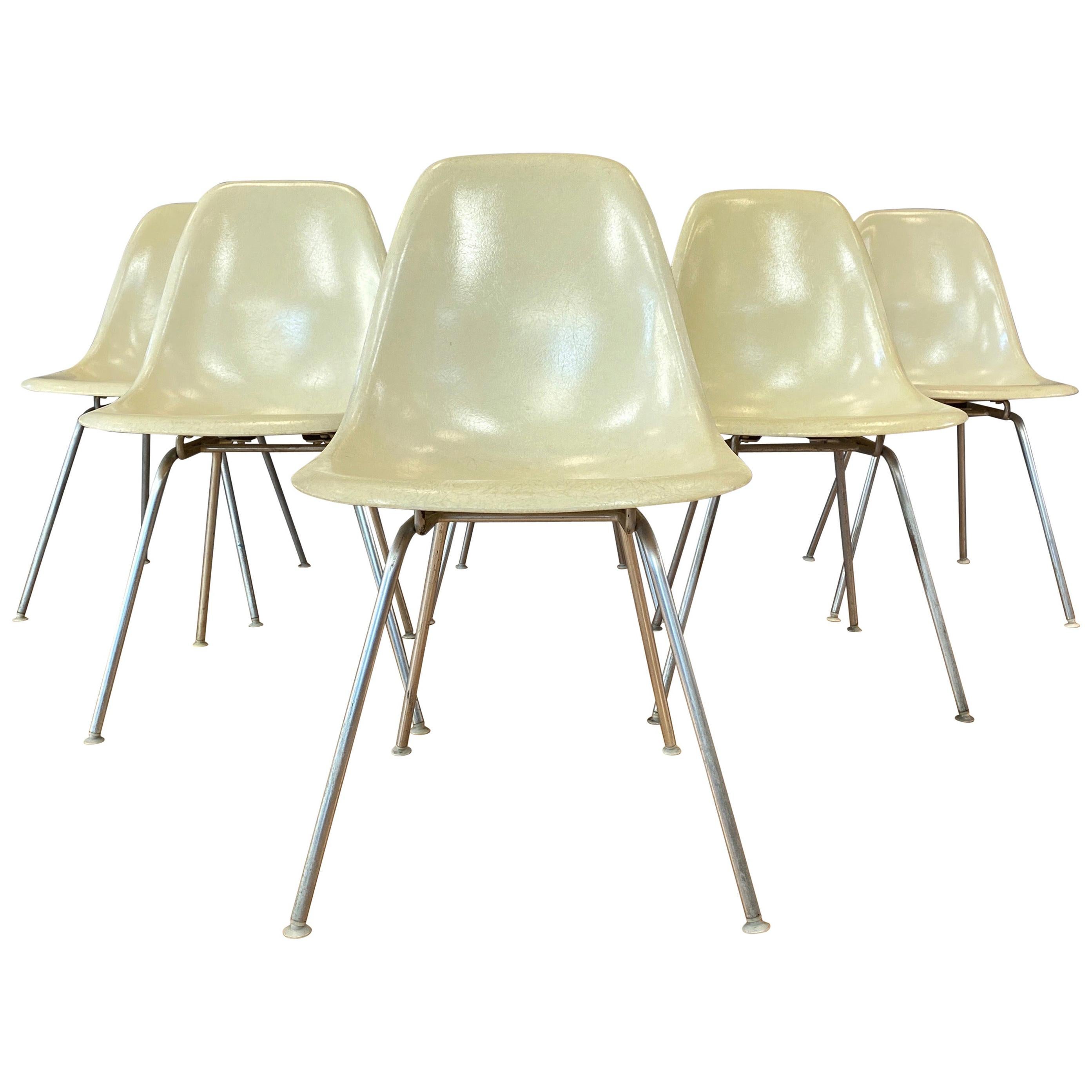 Set of Six Eames for Herman Miller DSX and DSG Side Chairs in Parchment, 1959