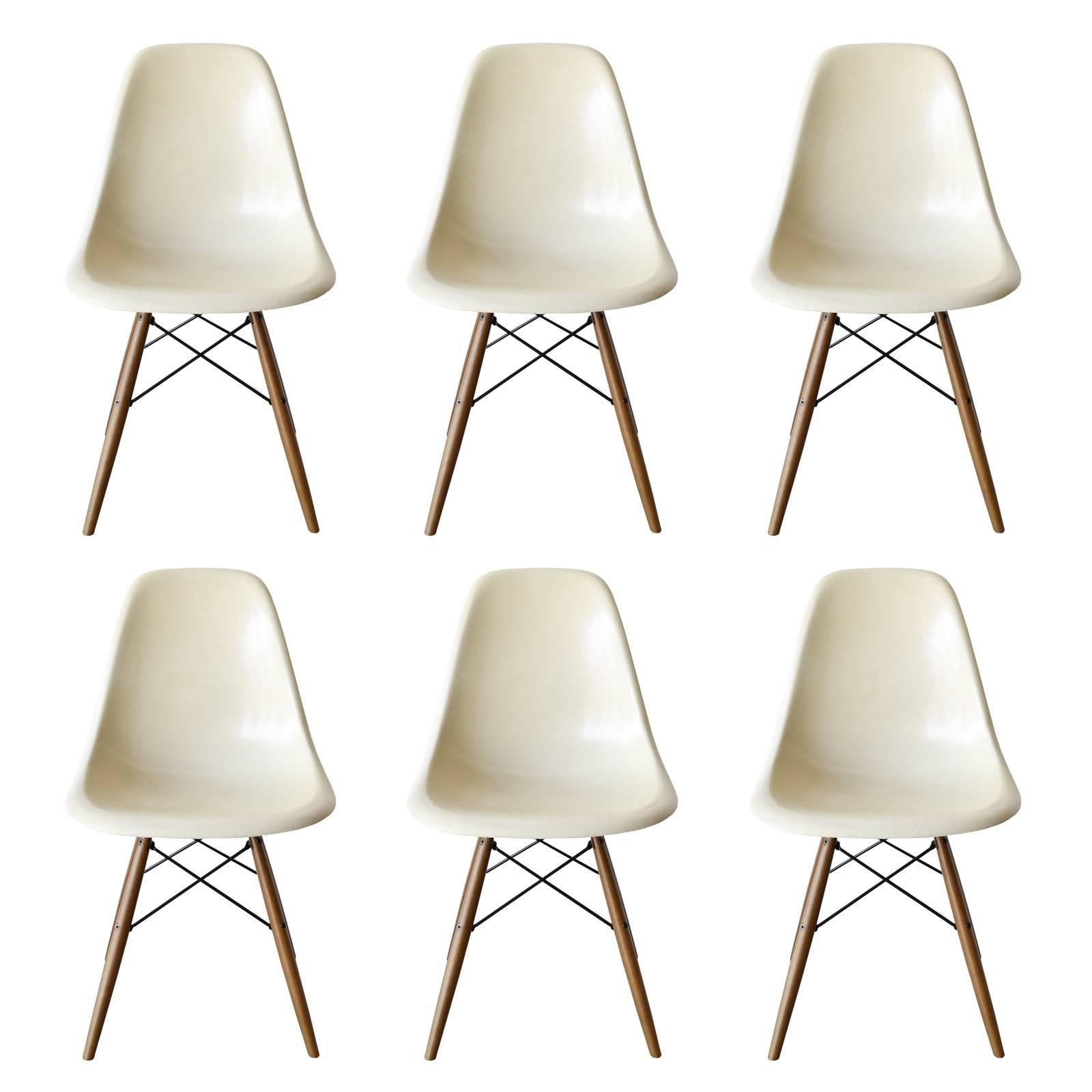 Set of Six Eames Parchment DSW Herman Miller, USA Dining Chairs